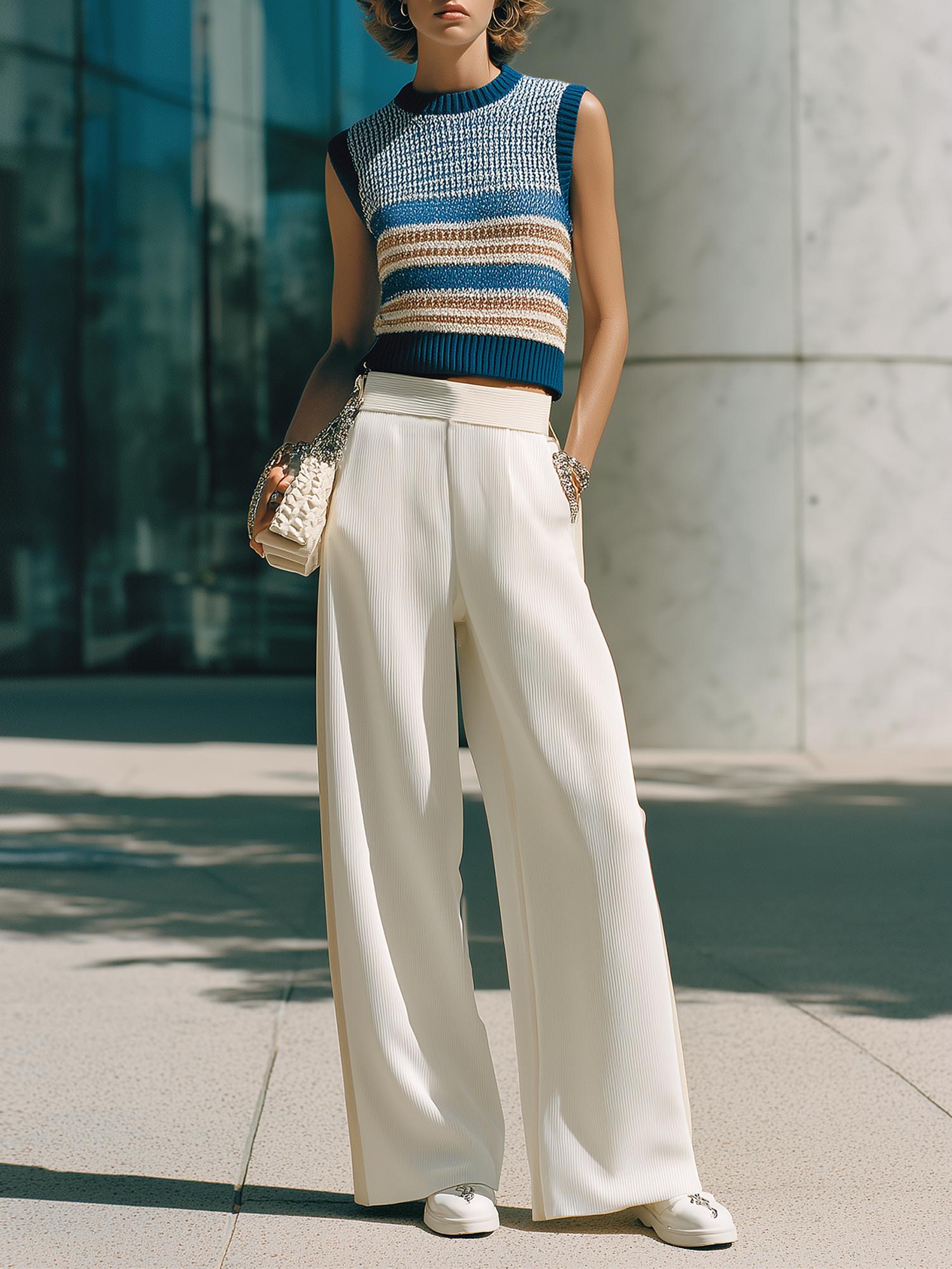 Multicolor Striped Sleeveless Knit Vest And Vertical-ribbed Wide-leg Pants Set