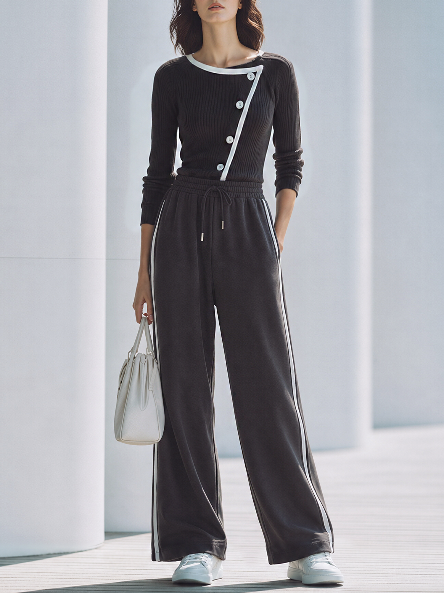 Brown Ribbed Top And Wide-Leg Pants Set With Contrasting Buttons