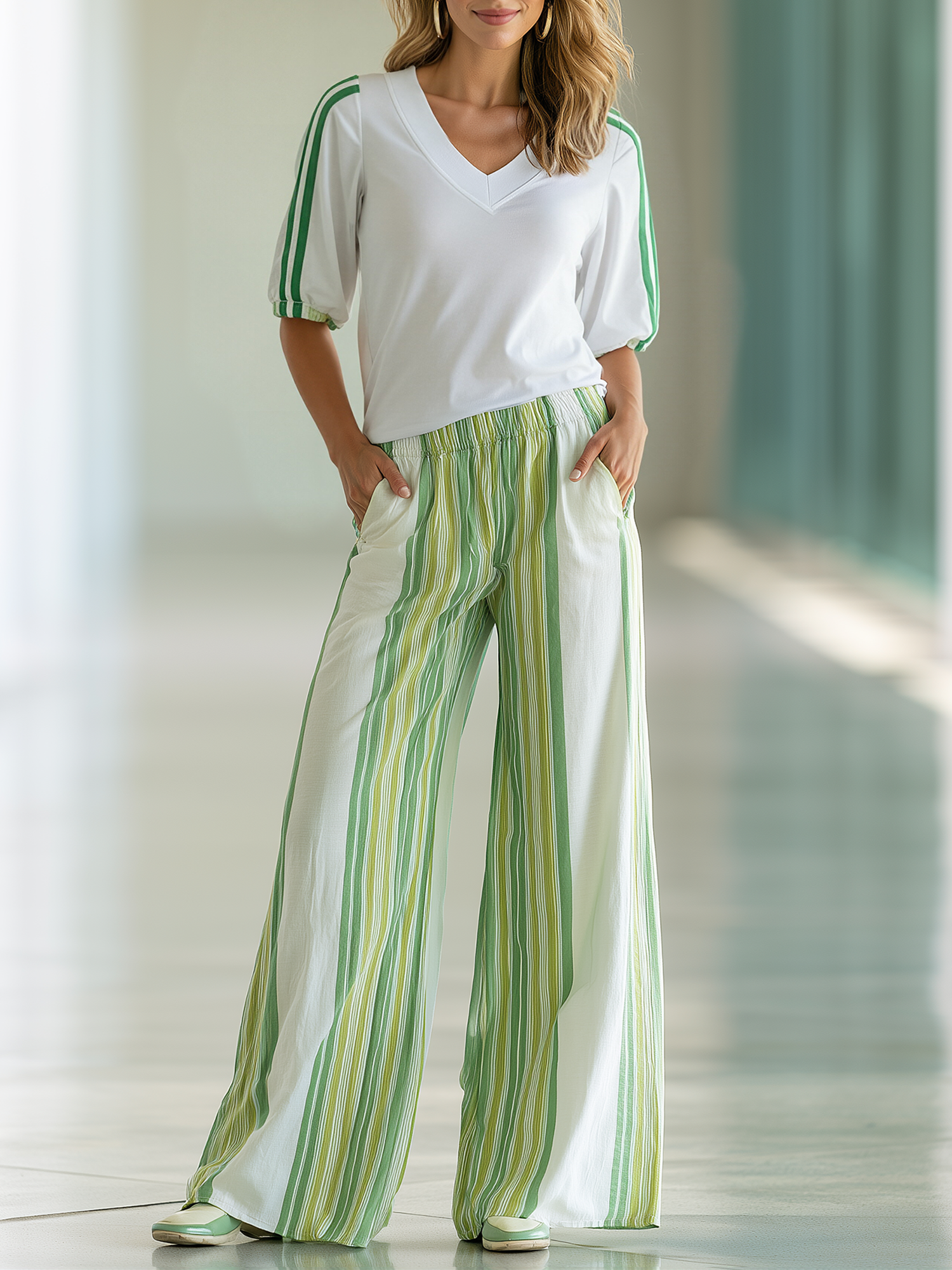 White V-neck Lantern-sleeve Top And White-and-green Vertical Striped Wide-leg Casual Trousers Set