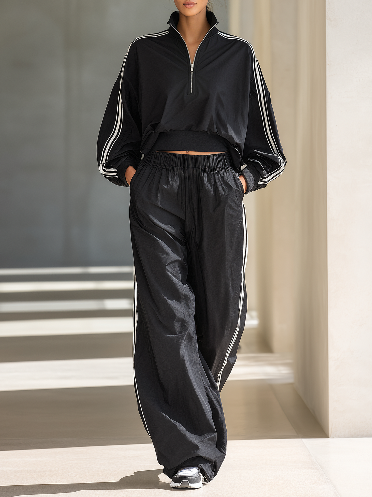 Black And Striped Half-zip Windbreaker Set With Stand Collar And Wide-leg Sweatpants