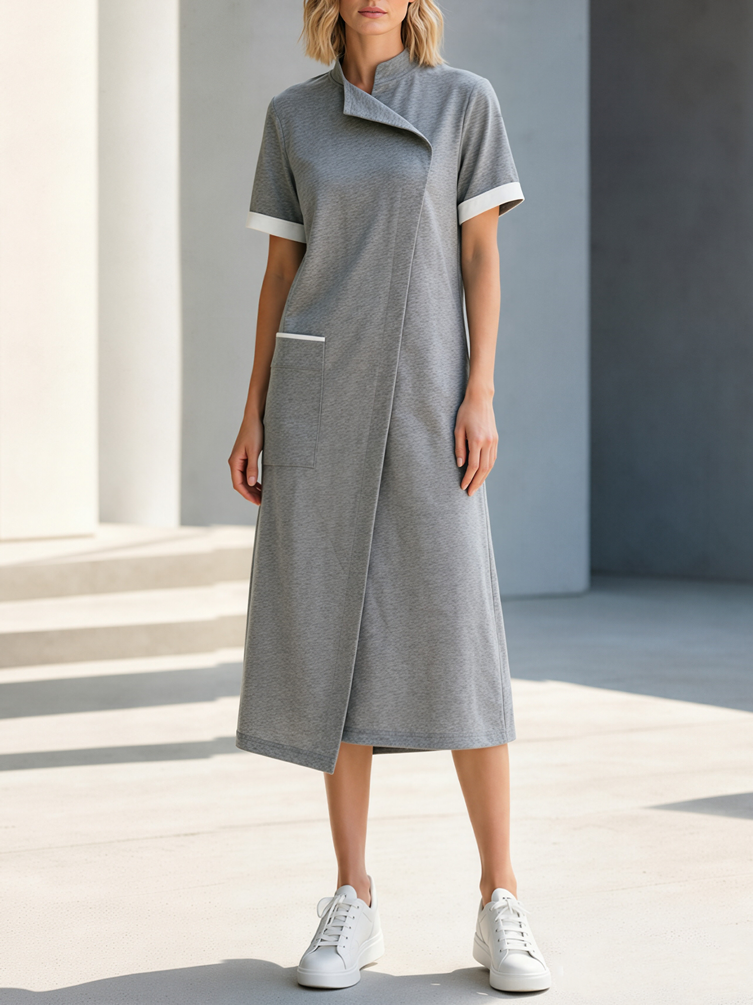 Heather Grey Color-block Asymmetrical-collar Zip-front Midi Dress With Short Sleeves