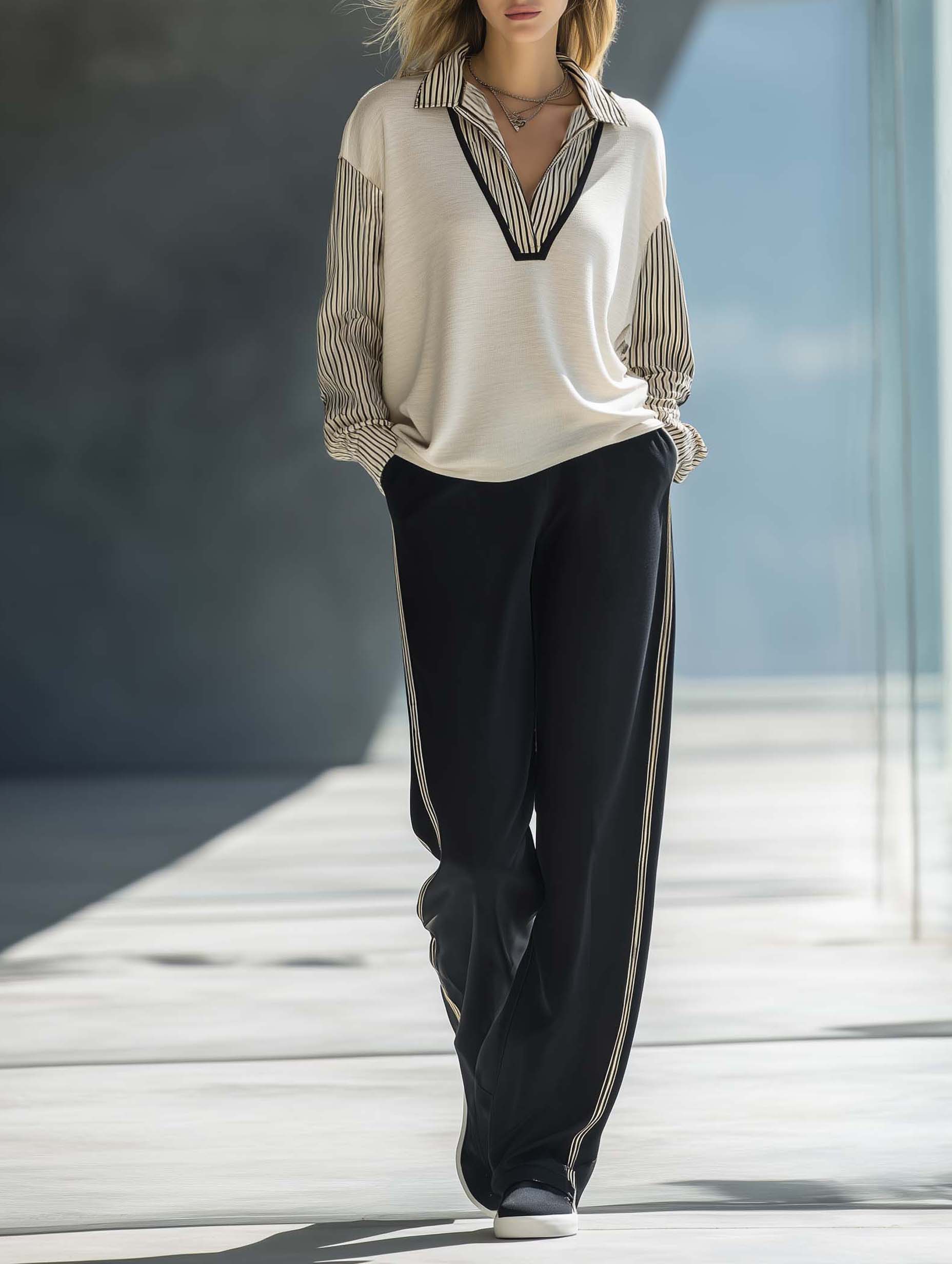 Casual-chic Long-sleeved Set Featuring A Collared, Color-blocked Top And Black Trousers