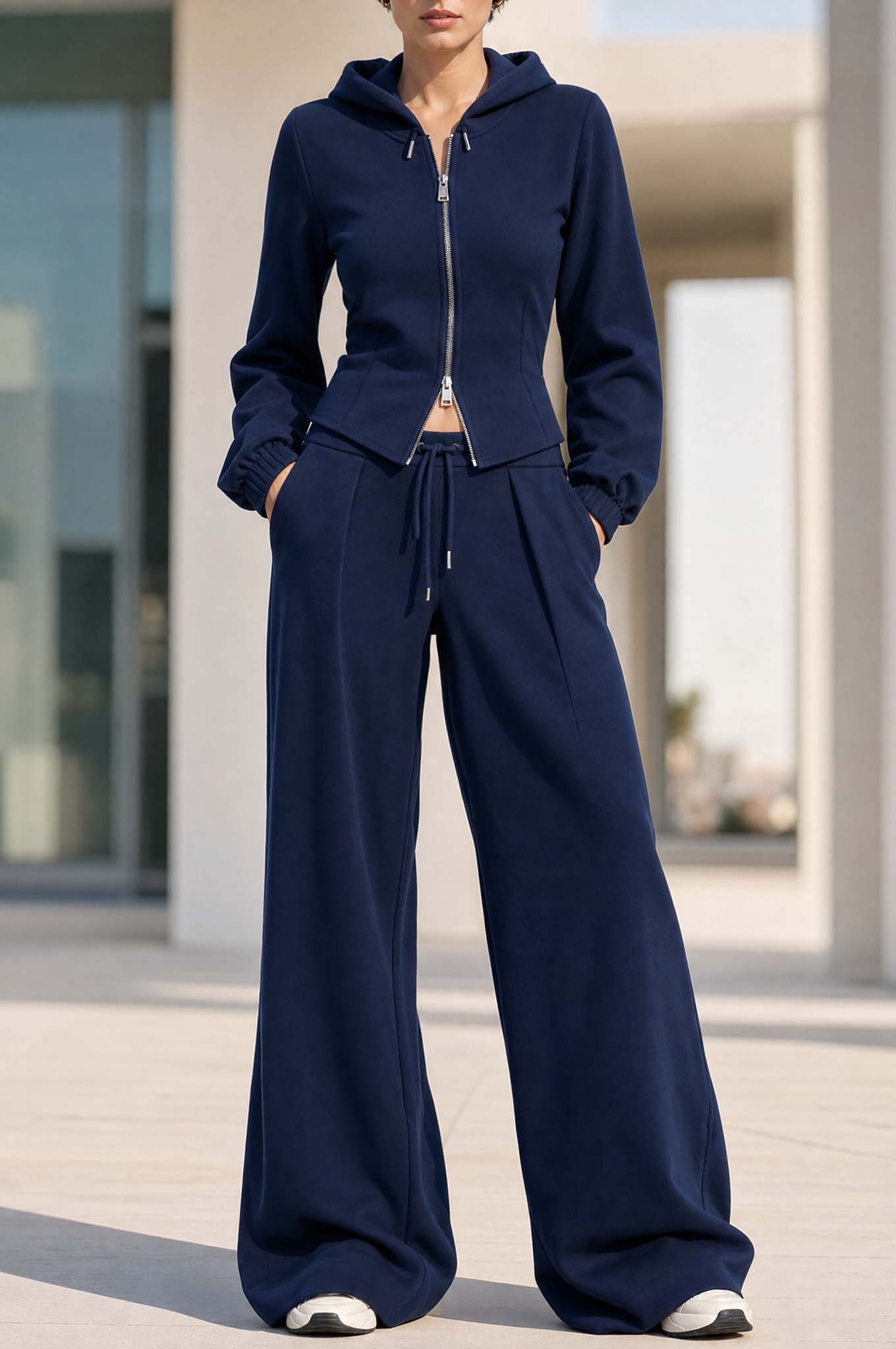 Athleisure-style Navy Blue Long-sleeved Hooded Top And Wide-leg Trousers Set