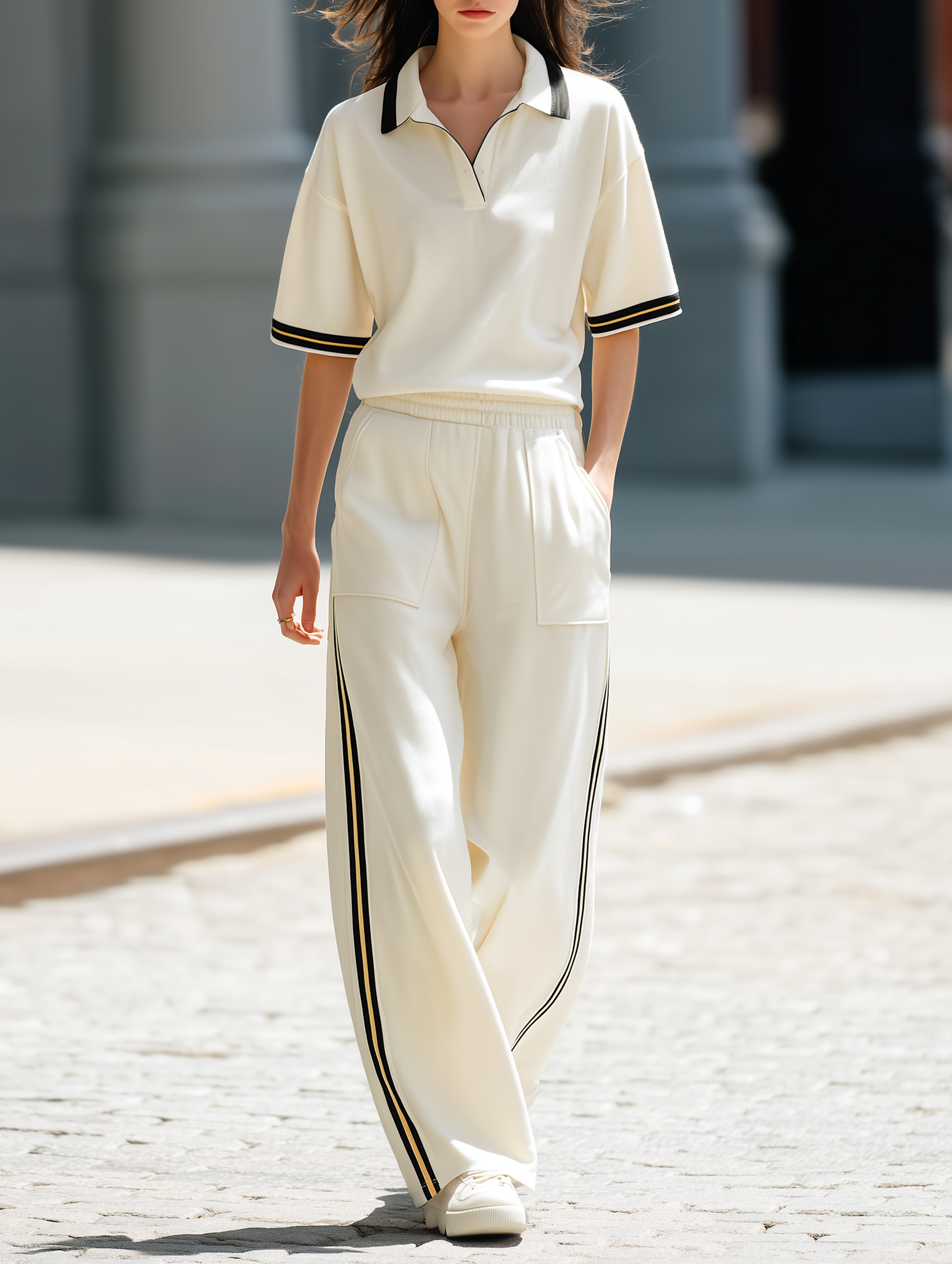 Beige Loose Short-Sleeve Polo And Wide-Leg Pants Set With Large Pockets