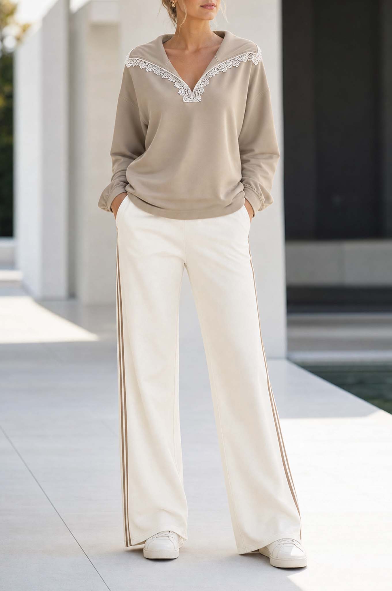 Oatmeal-colored Collared Long-sleeve Top And Off-white Trousers Set—casual Loungewear Style.