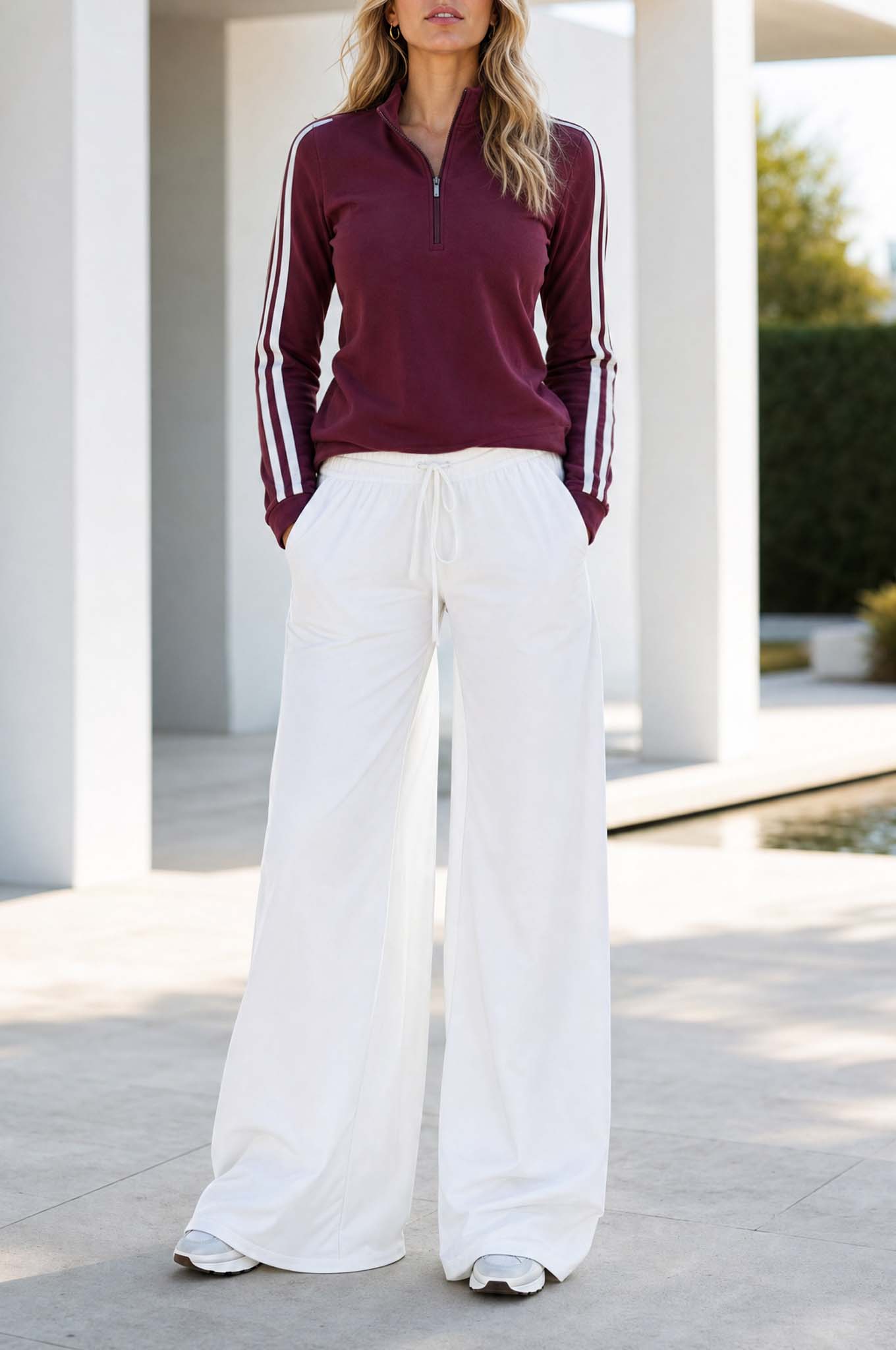 Casual Sporty Burgundy Long-sleeve Top And White Trousers Set