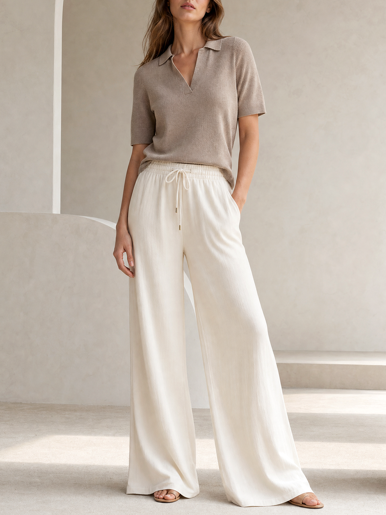 Oatmeal-colored Collared Knit Top And Wide-leg Trousers Set