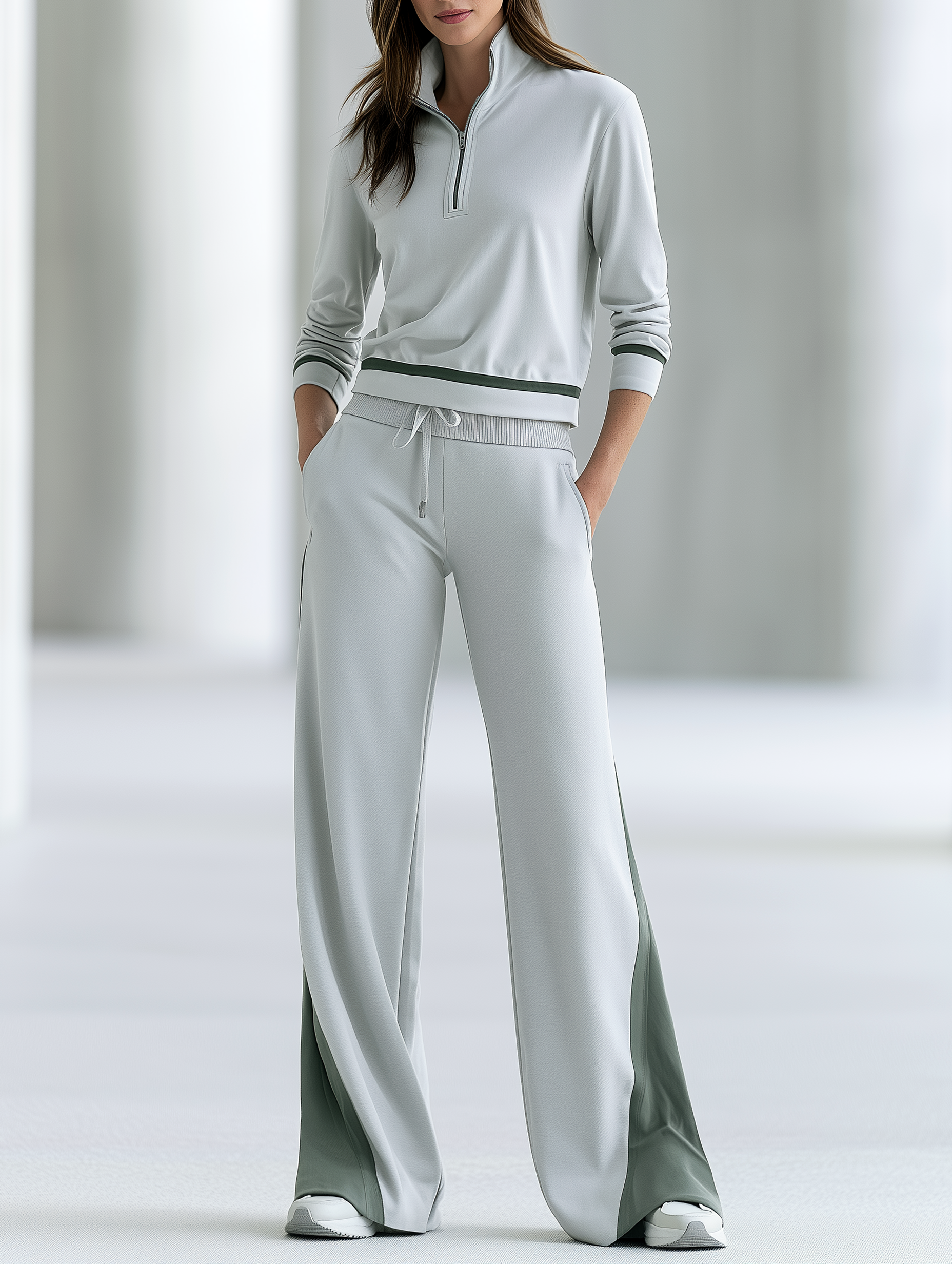 Light Gray Half-zip Color-block Top And Color-block Wide-leg Pants Set