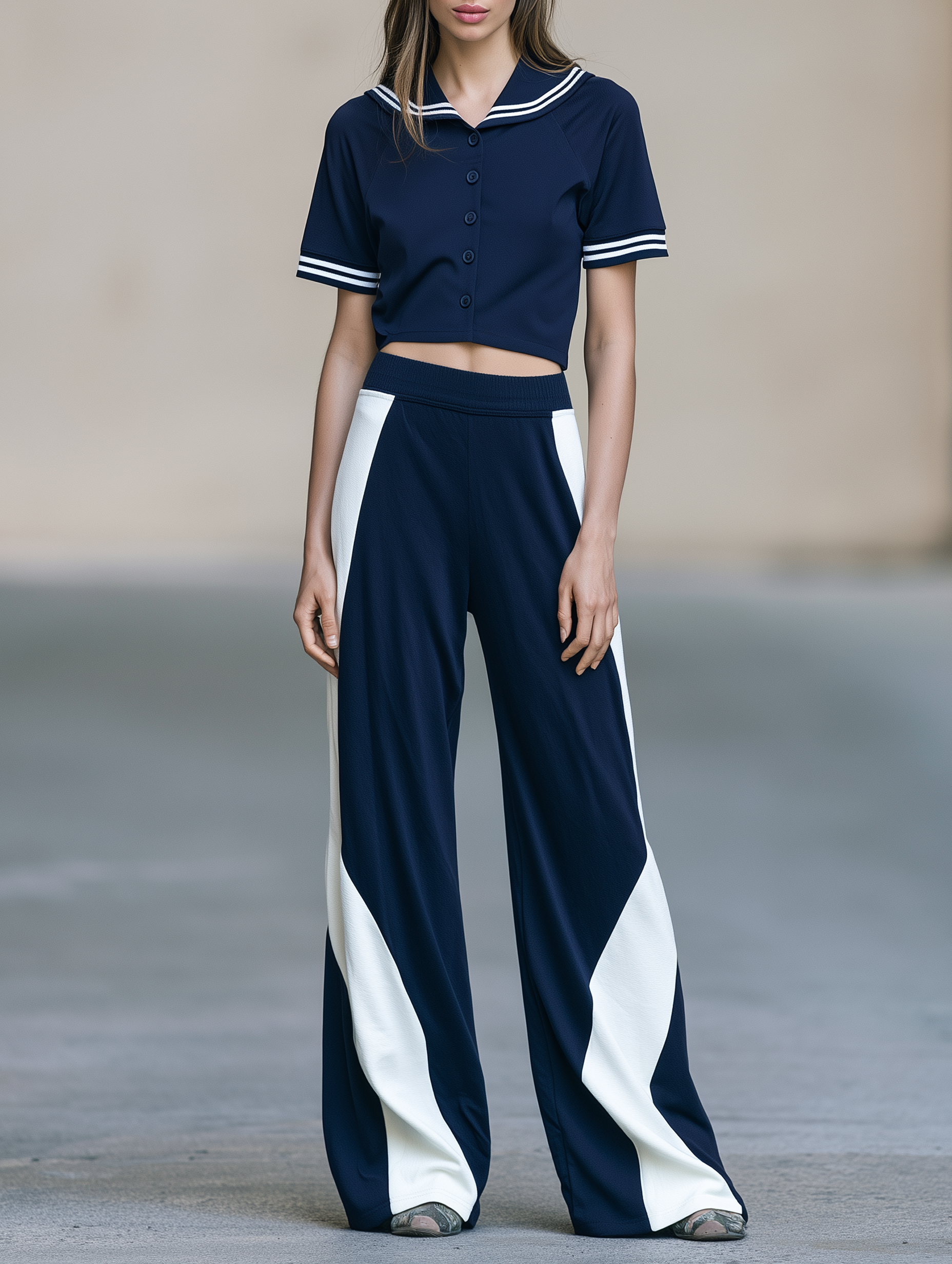 Nautical Sailor Collar Crop Top & Color-Block Wide-Leg Pants Two-Piece Set