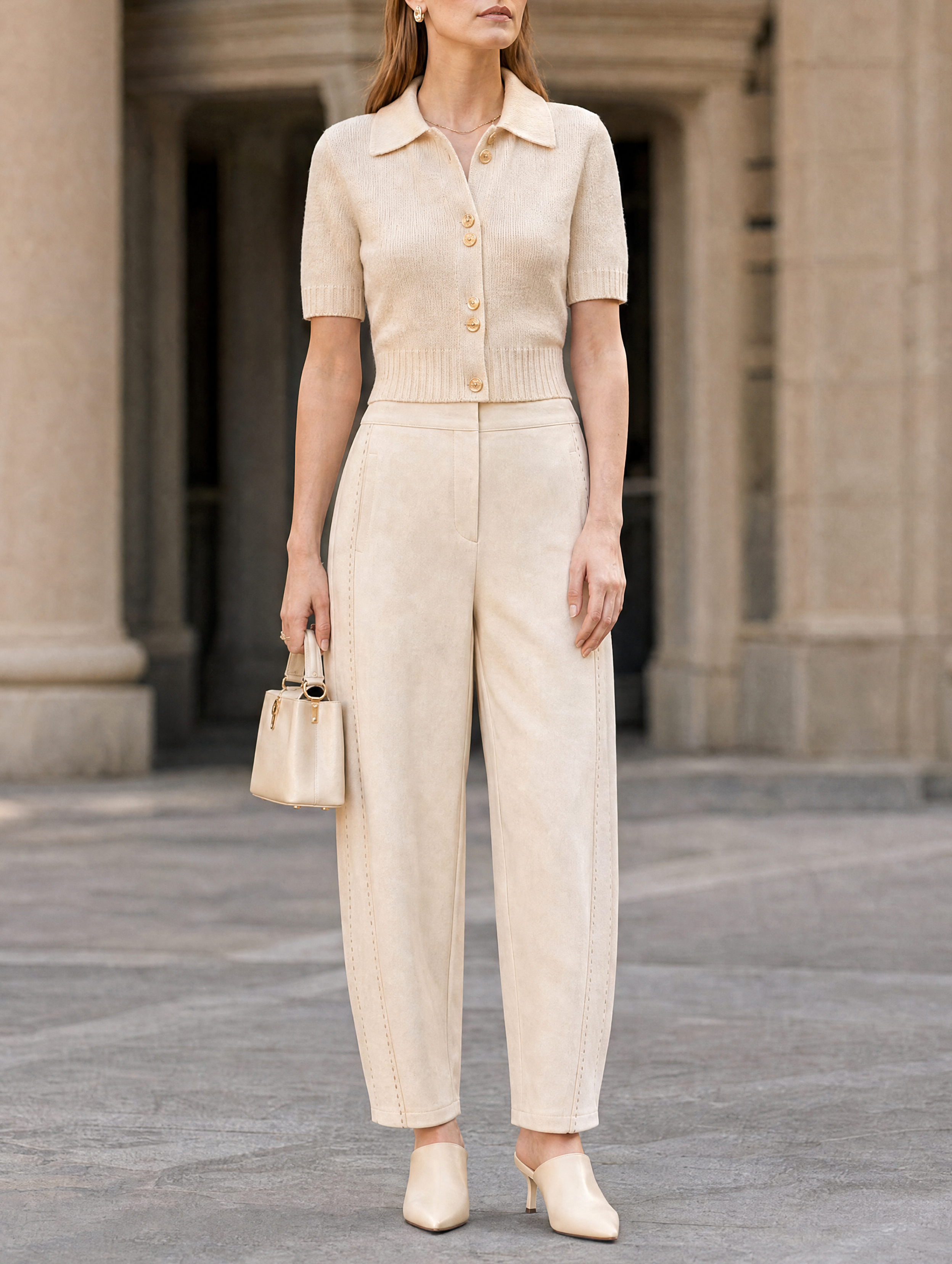 Beige Short-sleeved Knit Top And Cropped Curved-leg Trousers Set