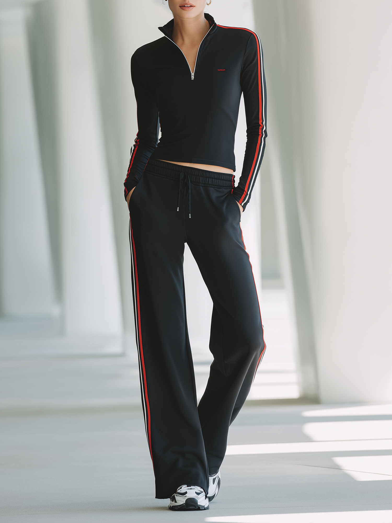 Black Color-block Striped Mock-neck Half-zip Cropped Top And Wide-leg Pants Set