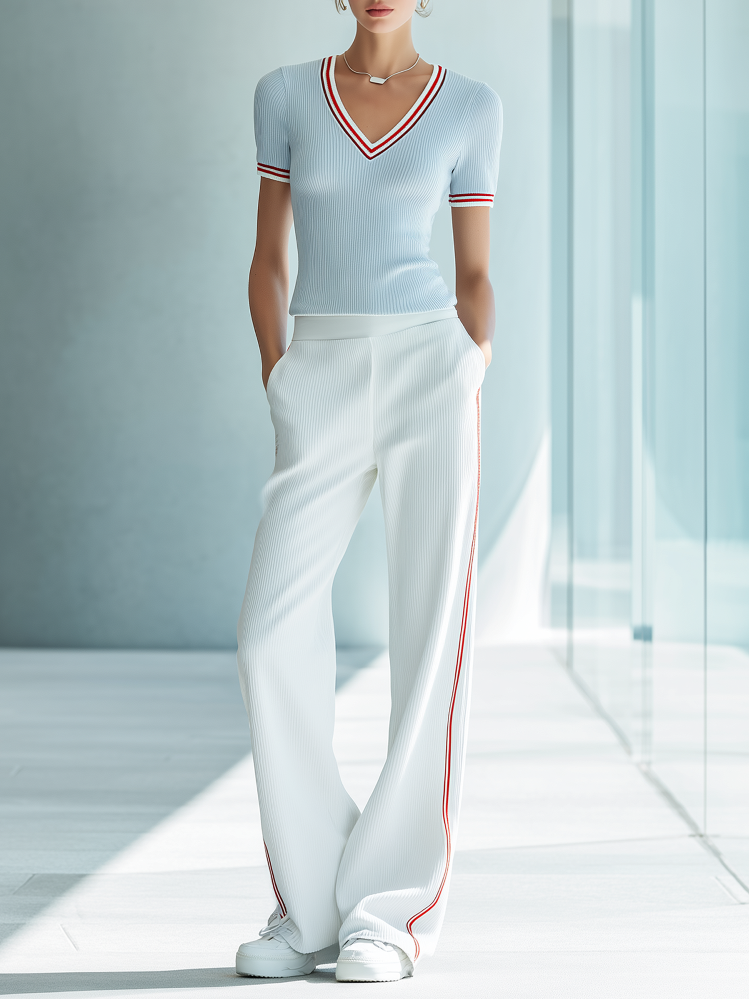 Light Blue V-neck Color-block Knit Top And Side-stripe Wide-leg Pants Set
