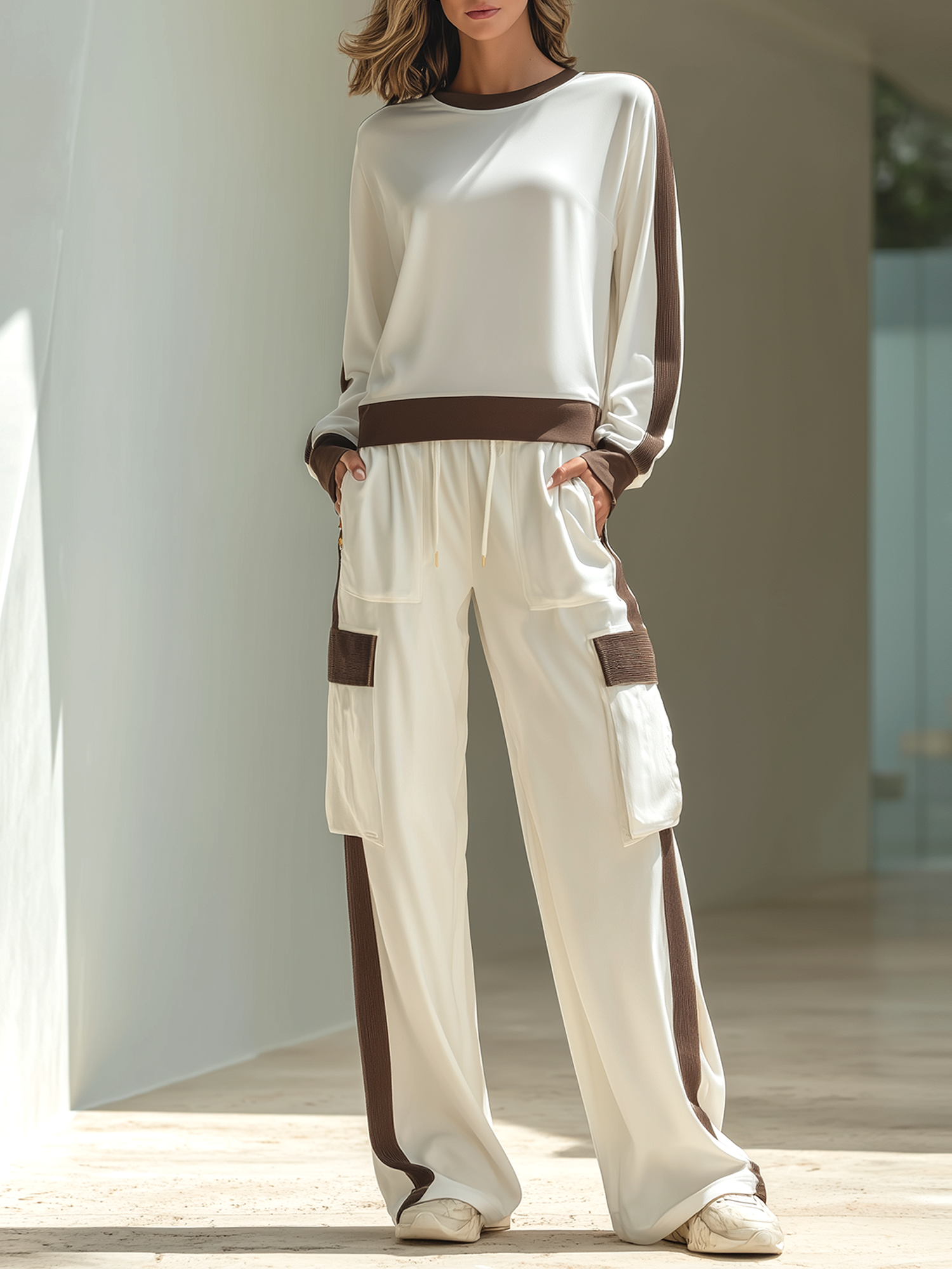 Off-white Color-block Crew-neck Long-sleeve Sweatshirt And Wide-leg Cargo Pants Set.
