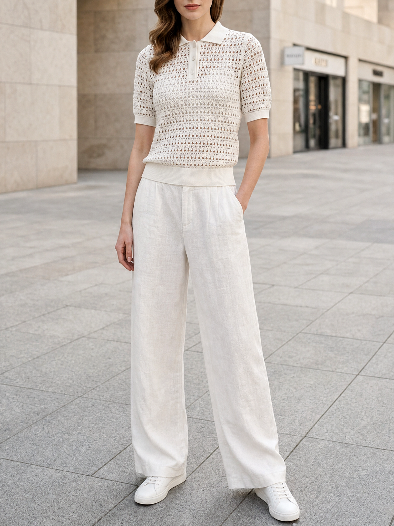 Off-white Open-knit Short-sleeve Top And Linen Trousers Set