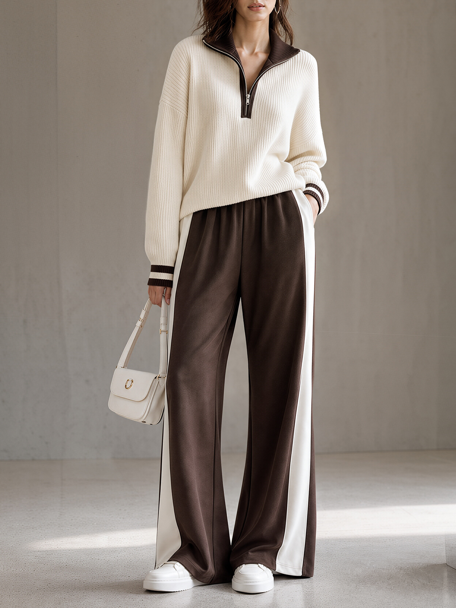 Off-white Color-block Half-zip Knit Top And Wide-leg Sweatpants Set