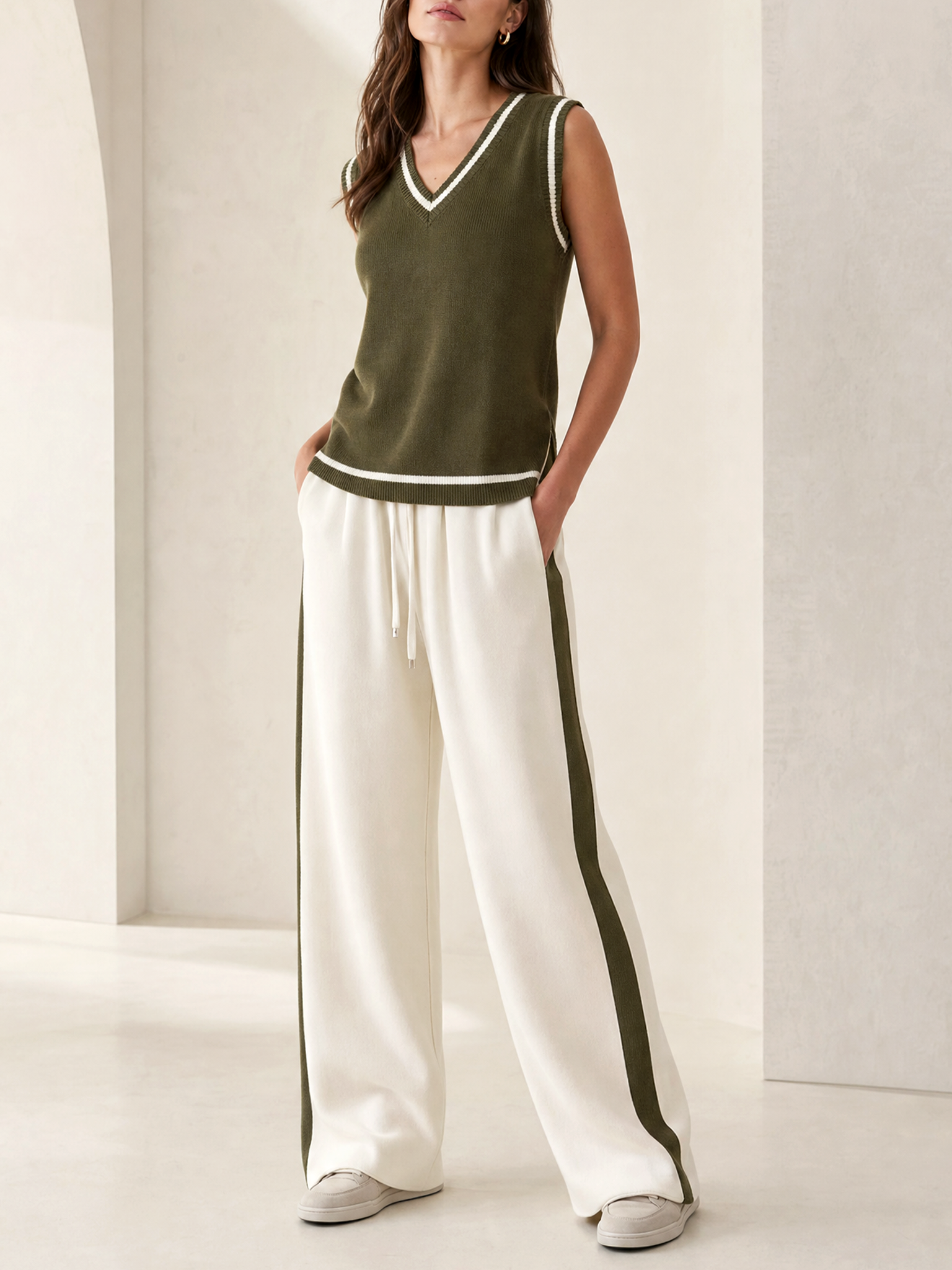 Army Green Sleeveless Knit Vest And Off-white Wide-leg Trousers Set