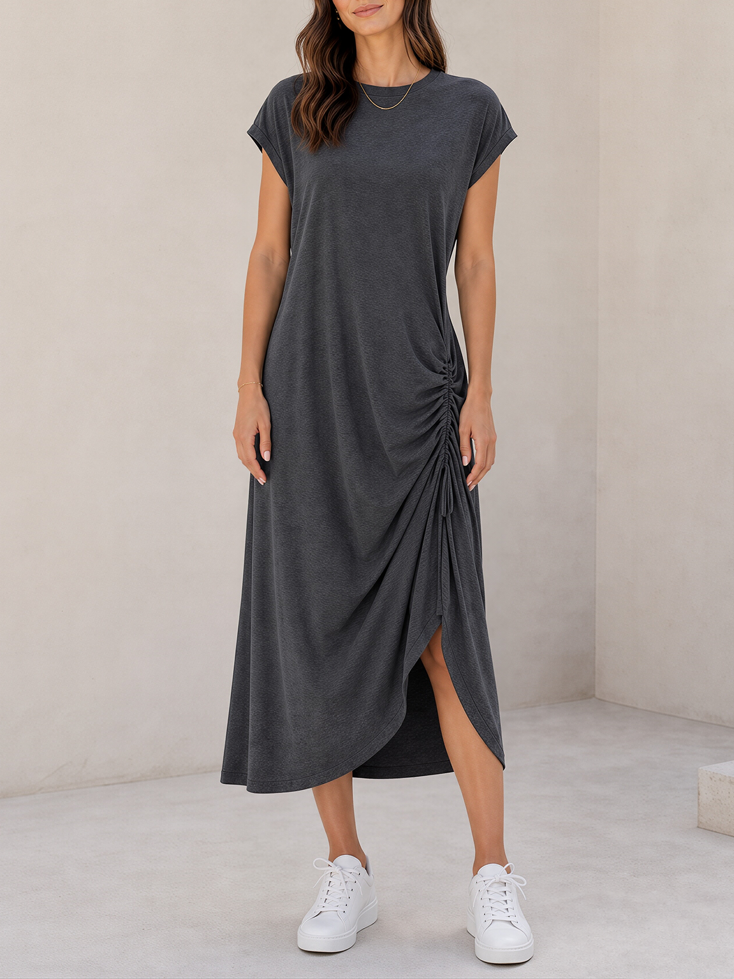 Charcoal Grey Cap-sleeve Pleated Midi Casual Dress