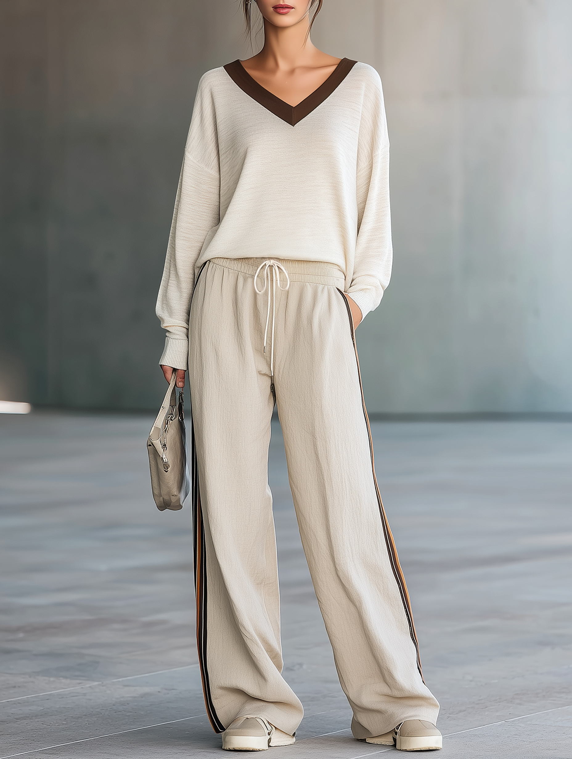 Off-white Loose Long-sleeve V-neck Top And Wide-leg Casual Trousers Set