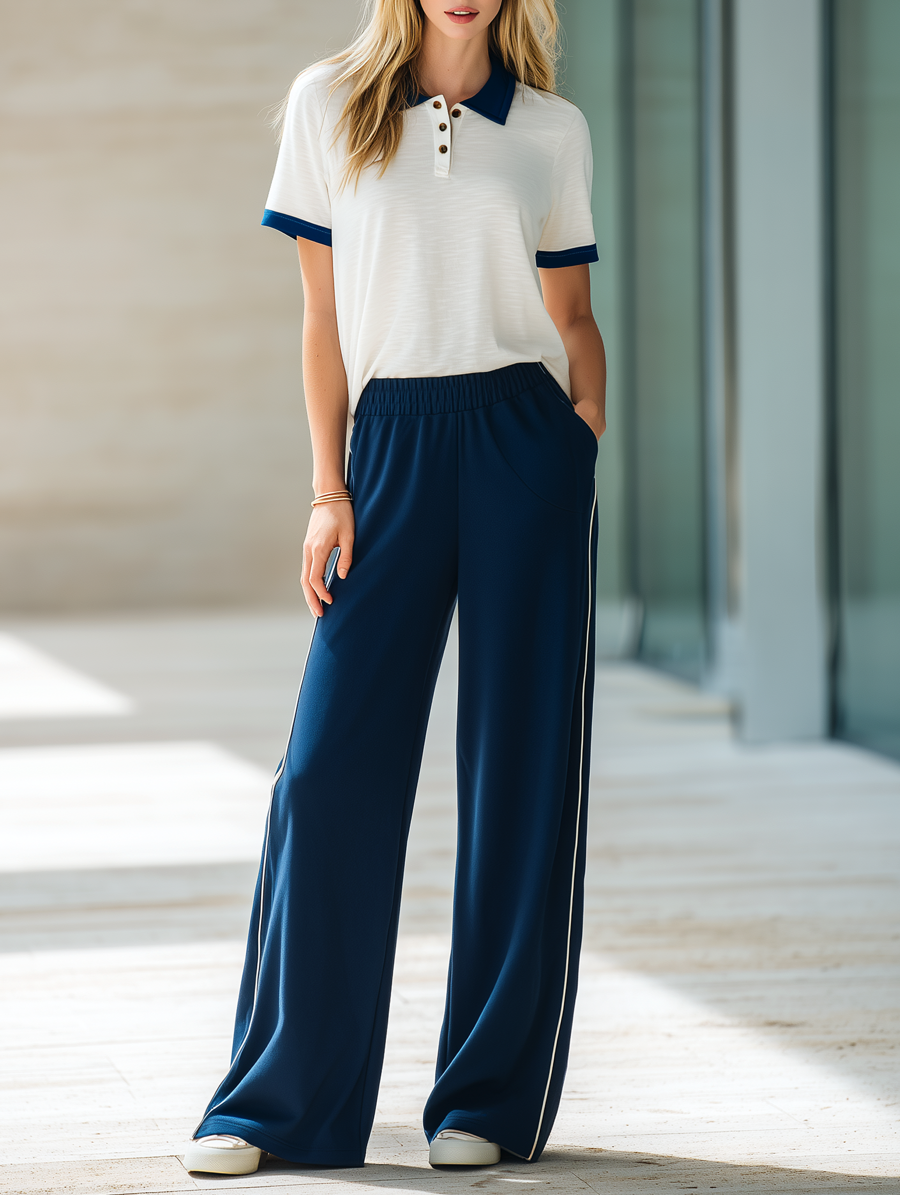 Off-white Short-sleeved Polo Shirt And Navy Blue Sweatpants Set