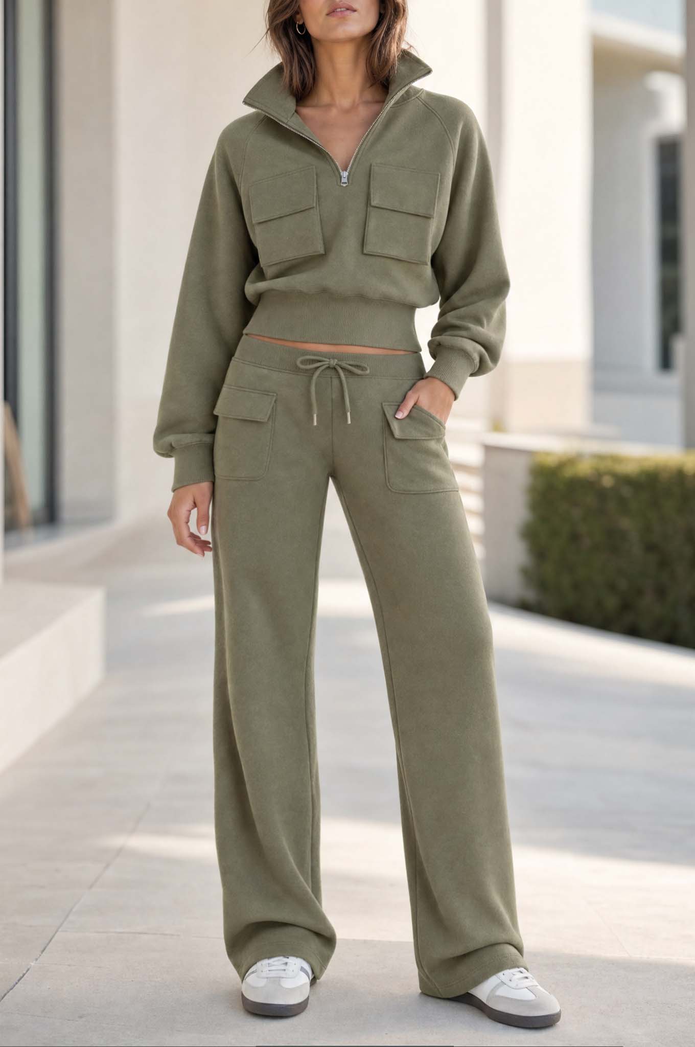 Stylish Casual Khaki-Green Hooded Long-Sleeve Top And Pants Set