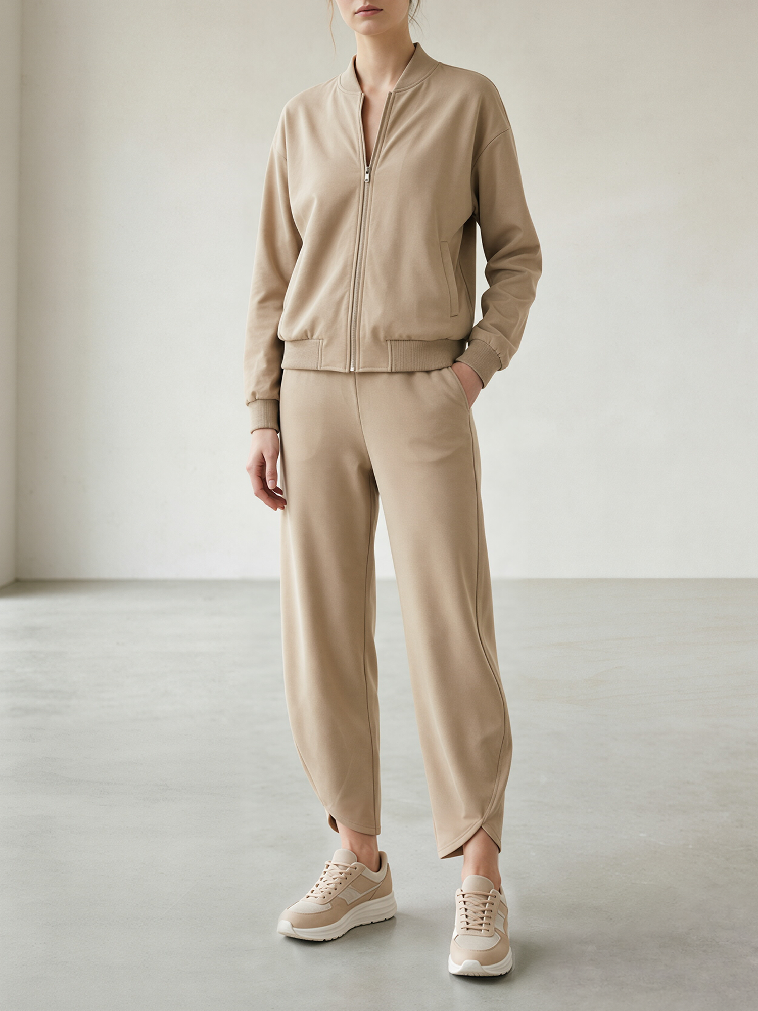 Khaki Zip-up Baseball-collar Jacket And Cropped Casual Sweatpants Set