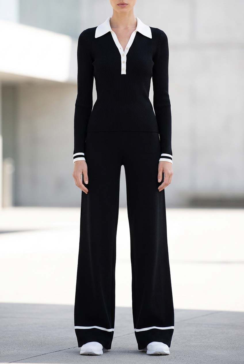 Stylish Black And White Color-block Long-sleeve Top And Trousers Set For Work Or Casual Wear.