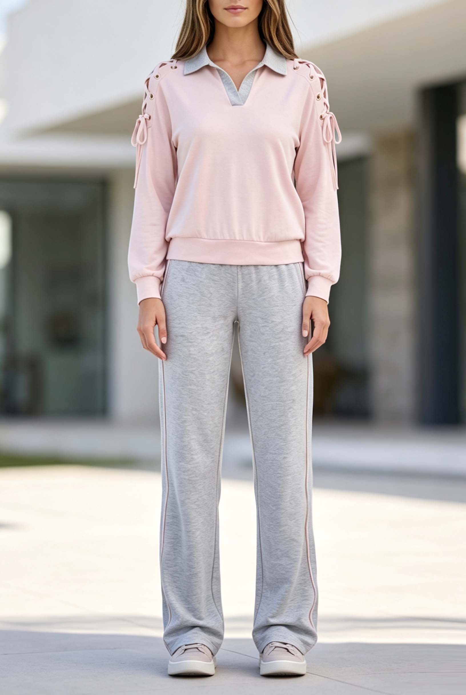 Pink And Grey Color-block Casual Athleisure Long-sleeve Top And Pants Set