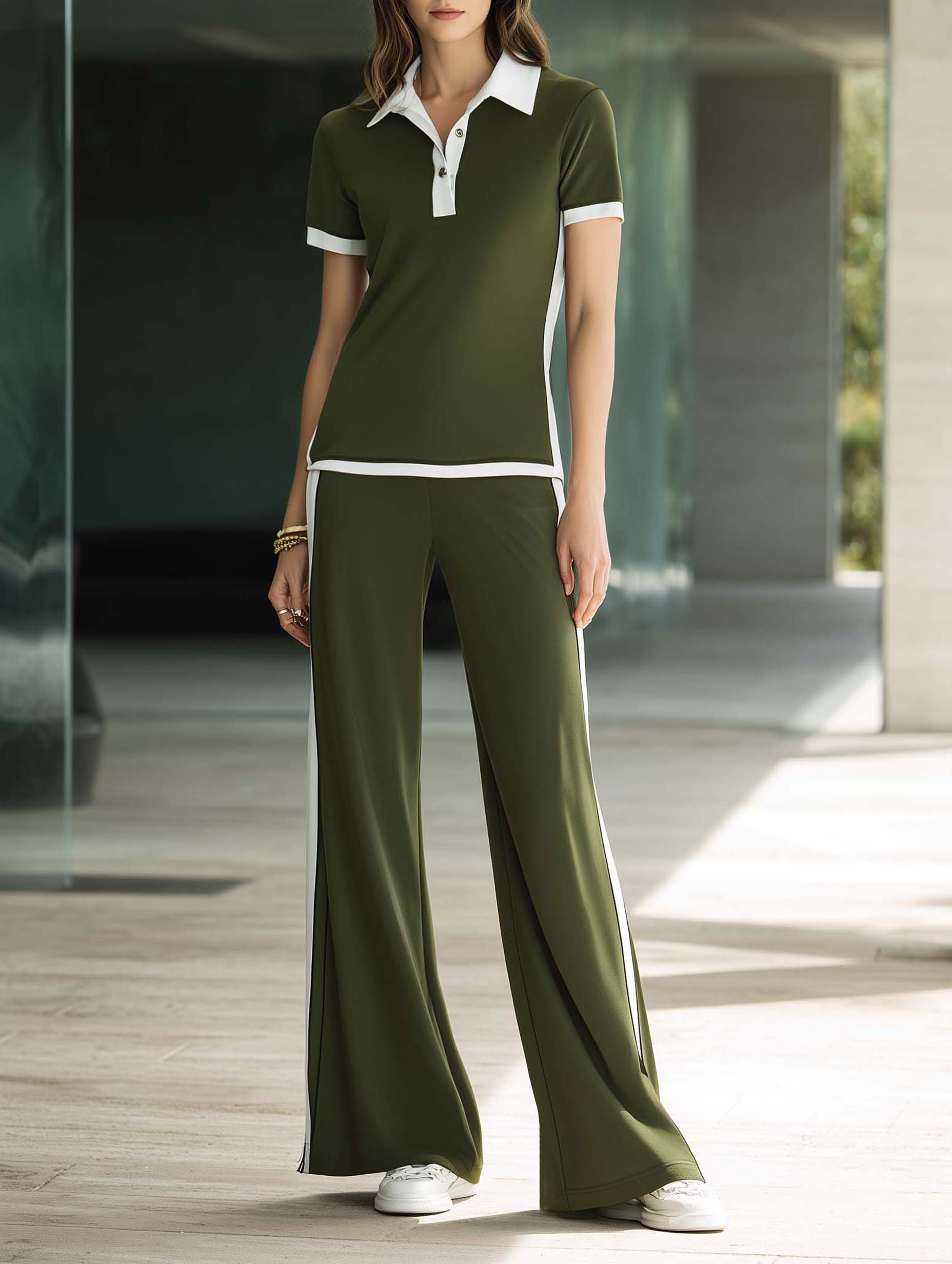 Olive Green Stylish Casual Short-sleeve Collared Top And Trousers Set