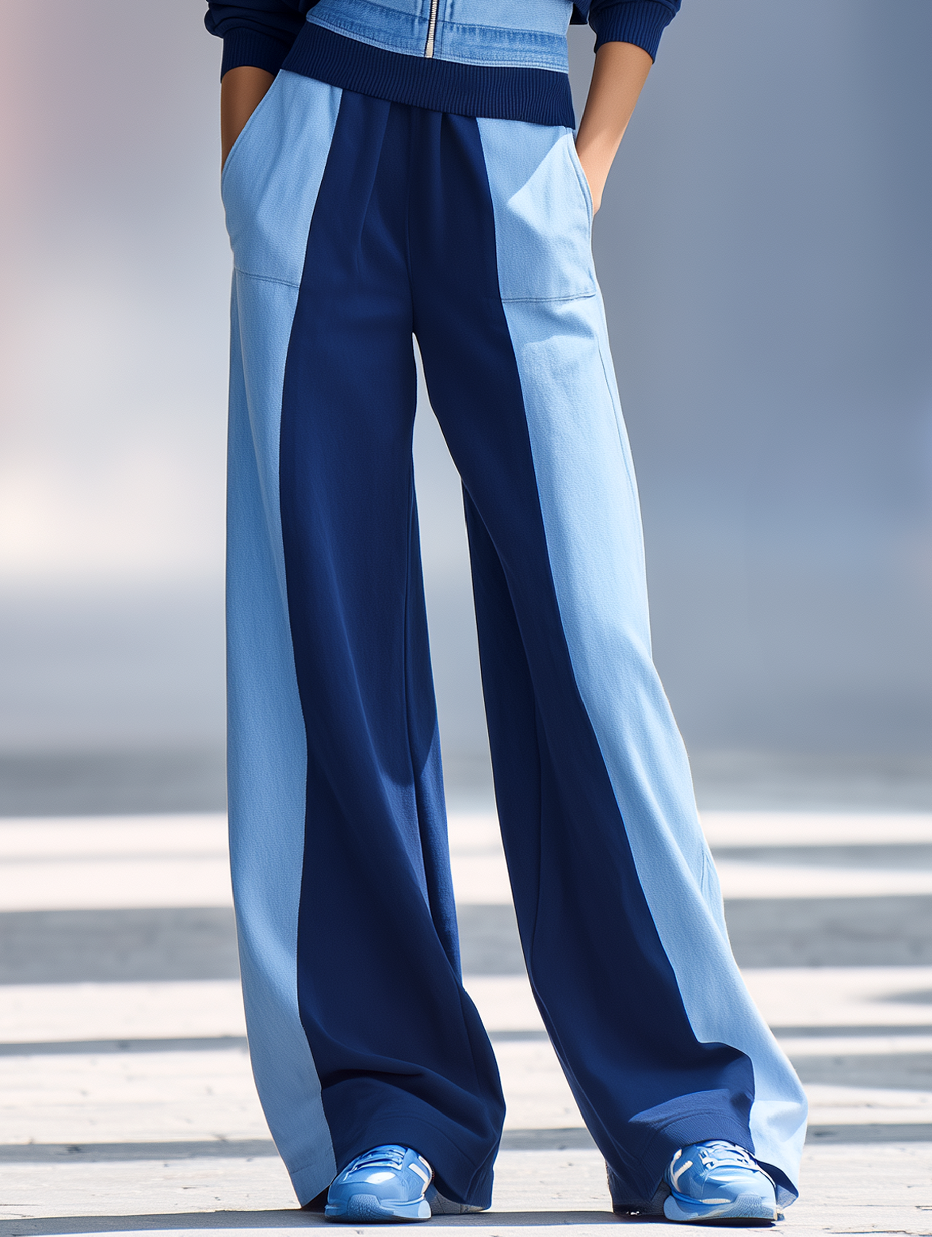 Washed Denim And Knit Paneled Wide-Leg Pants