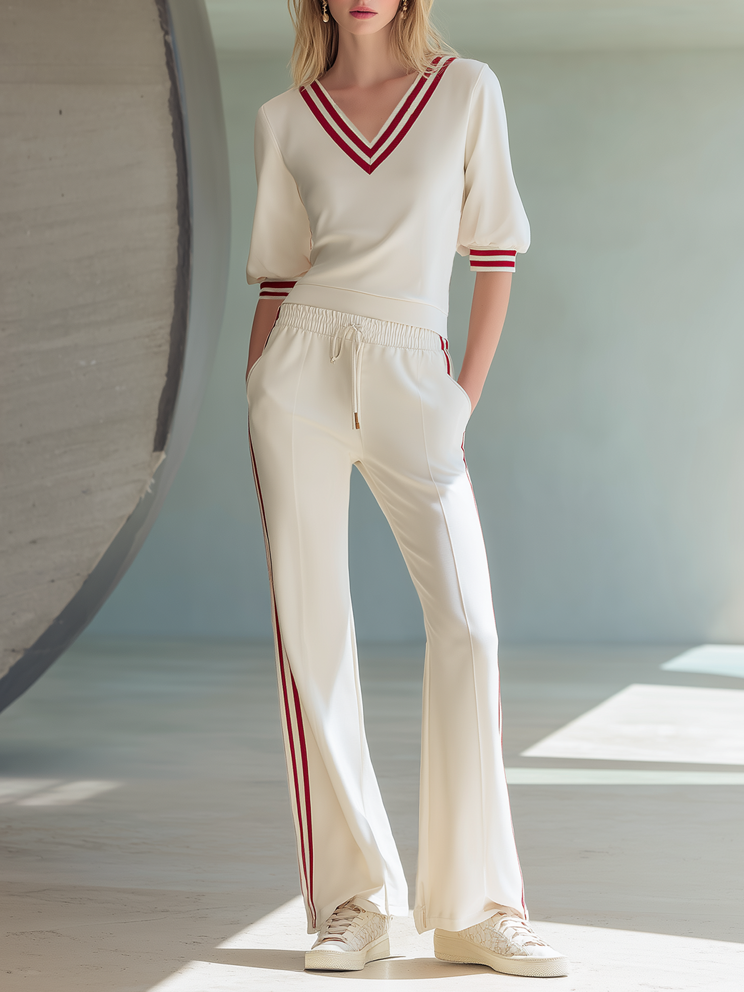 Off-white Color-block Casual Set Featuring A V-neck Puff-sleeve Top And Slight-flare Trousers