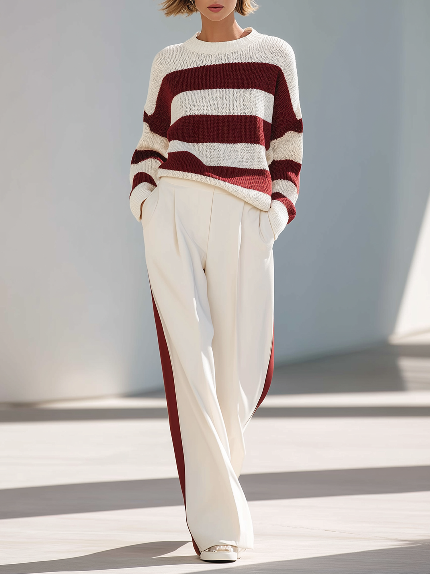 Burgundy Color-block Vintage Striped Knit Top And Loose-fitting Trousers Set