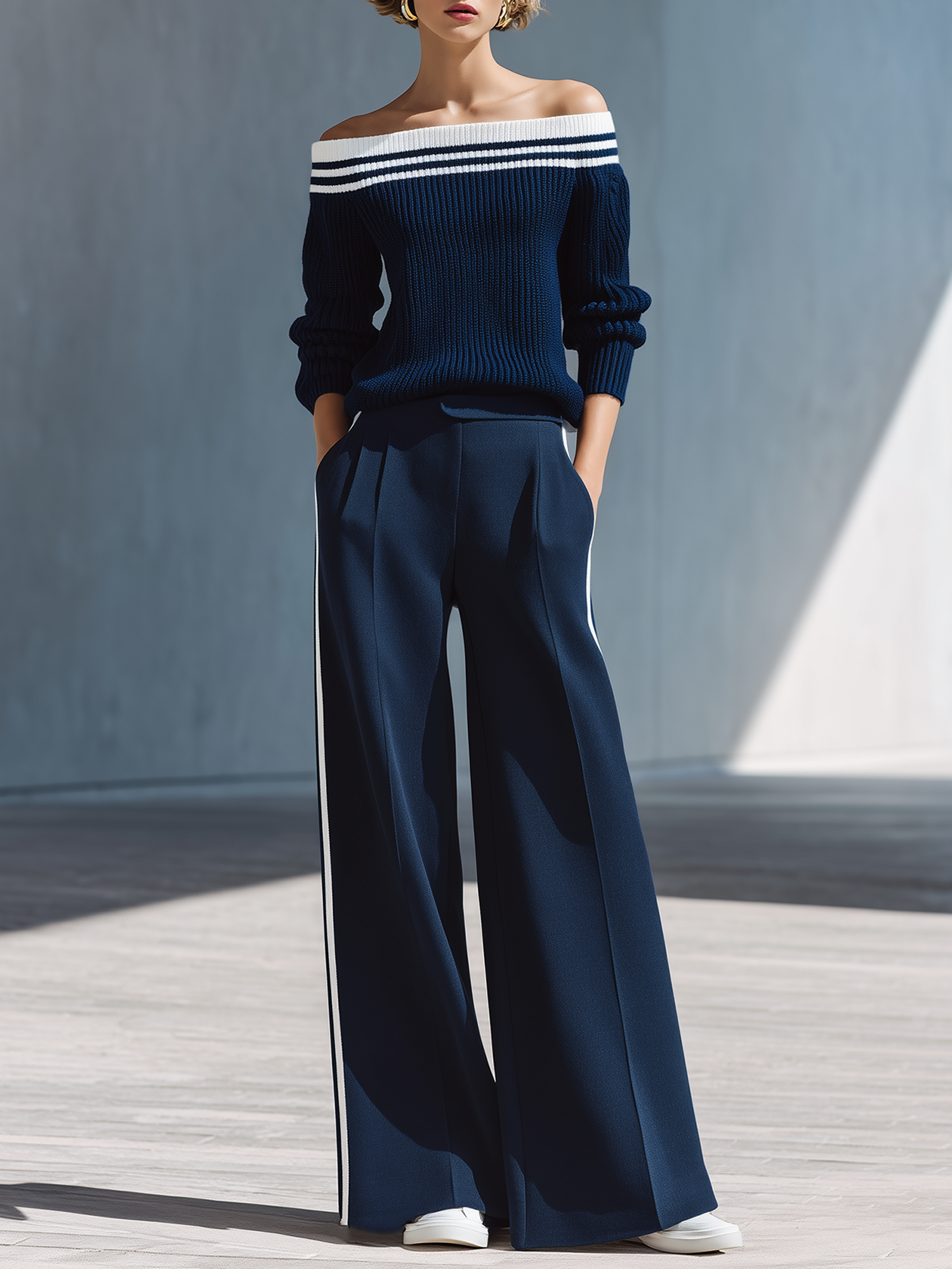 Navy Blue Color-block Off-shoulder Long-sleeve Knit Top And Wide-leg Pants Set