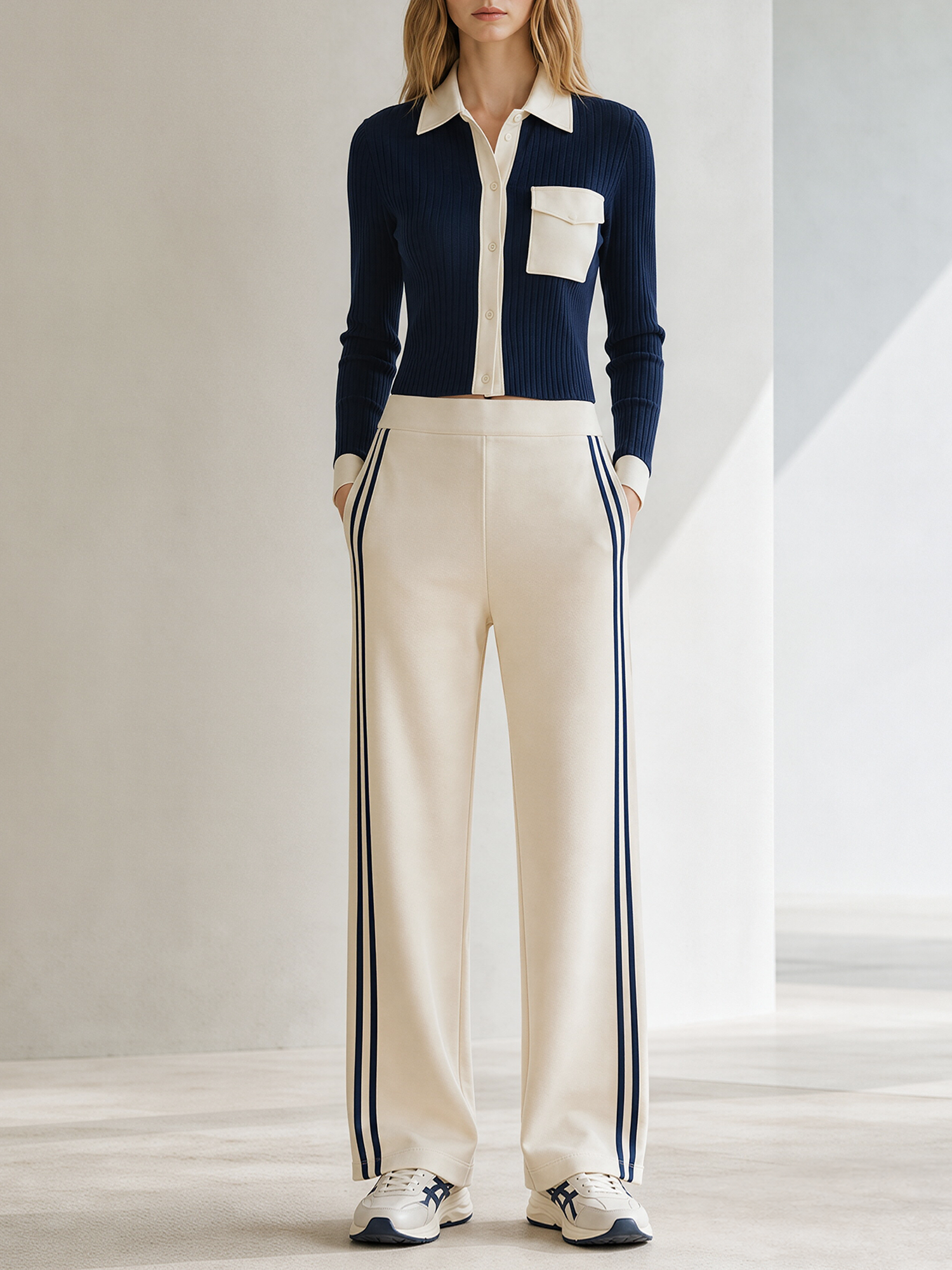 Navy Color-block Collar Cropped Knit Cardigan And Wide-leg Trousers Set
