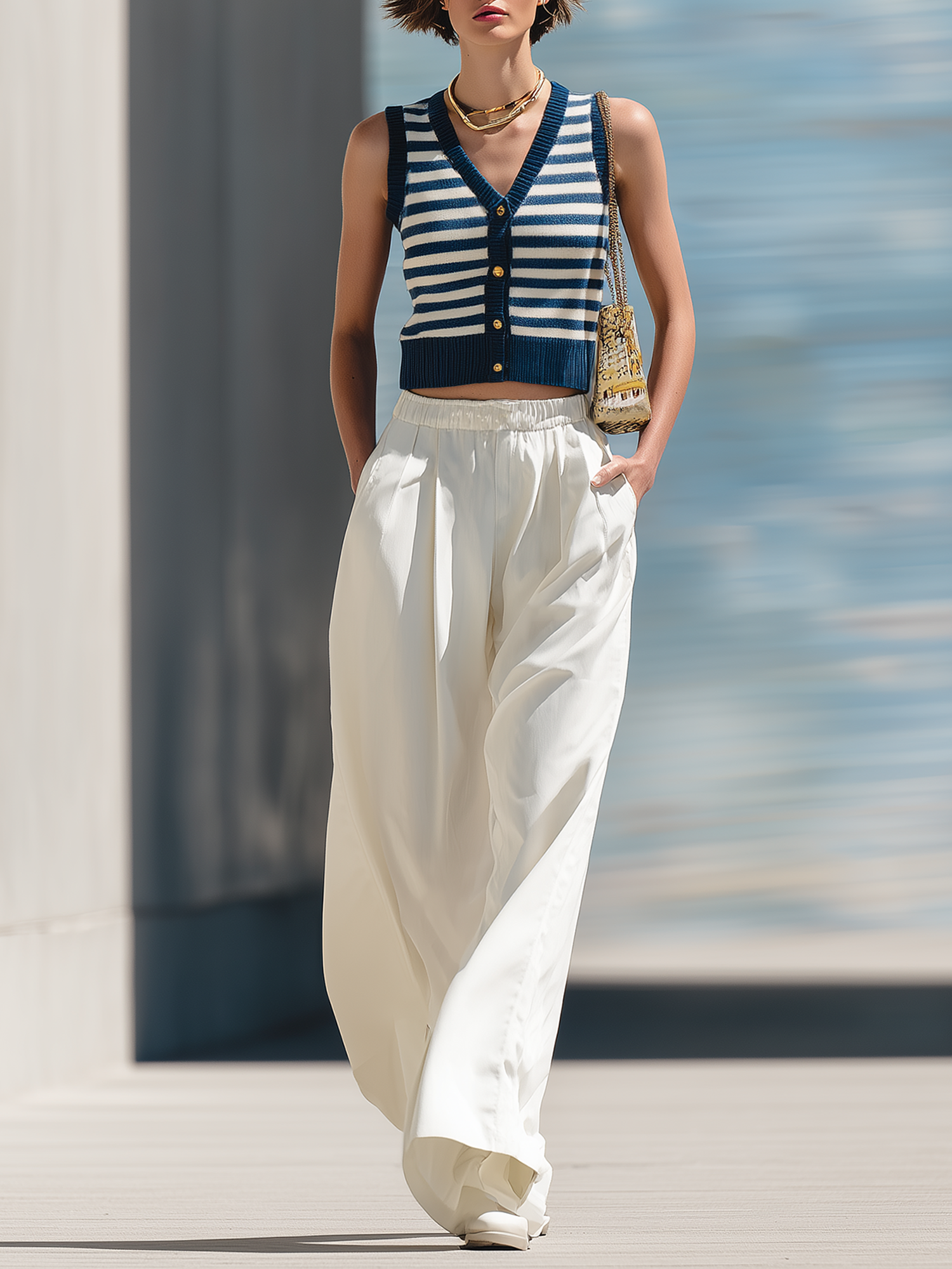 Navy Striped Knit Vest And White Wide-leg Casual Trousers Set