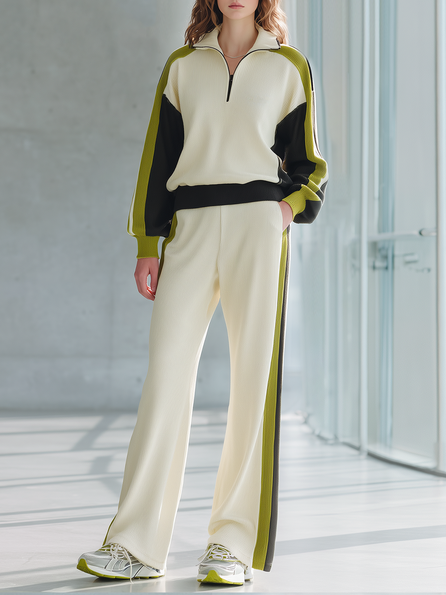 Stylish And Casual Color-block Half-zip Knit Top And Wide-leg Pants Set