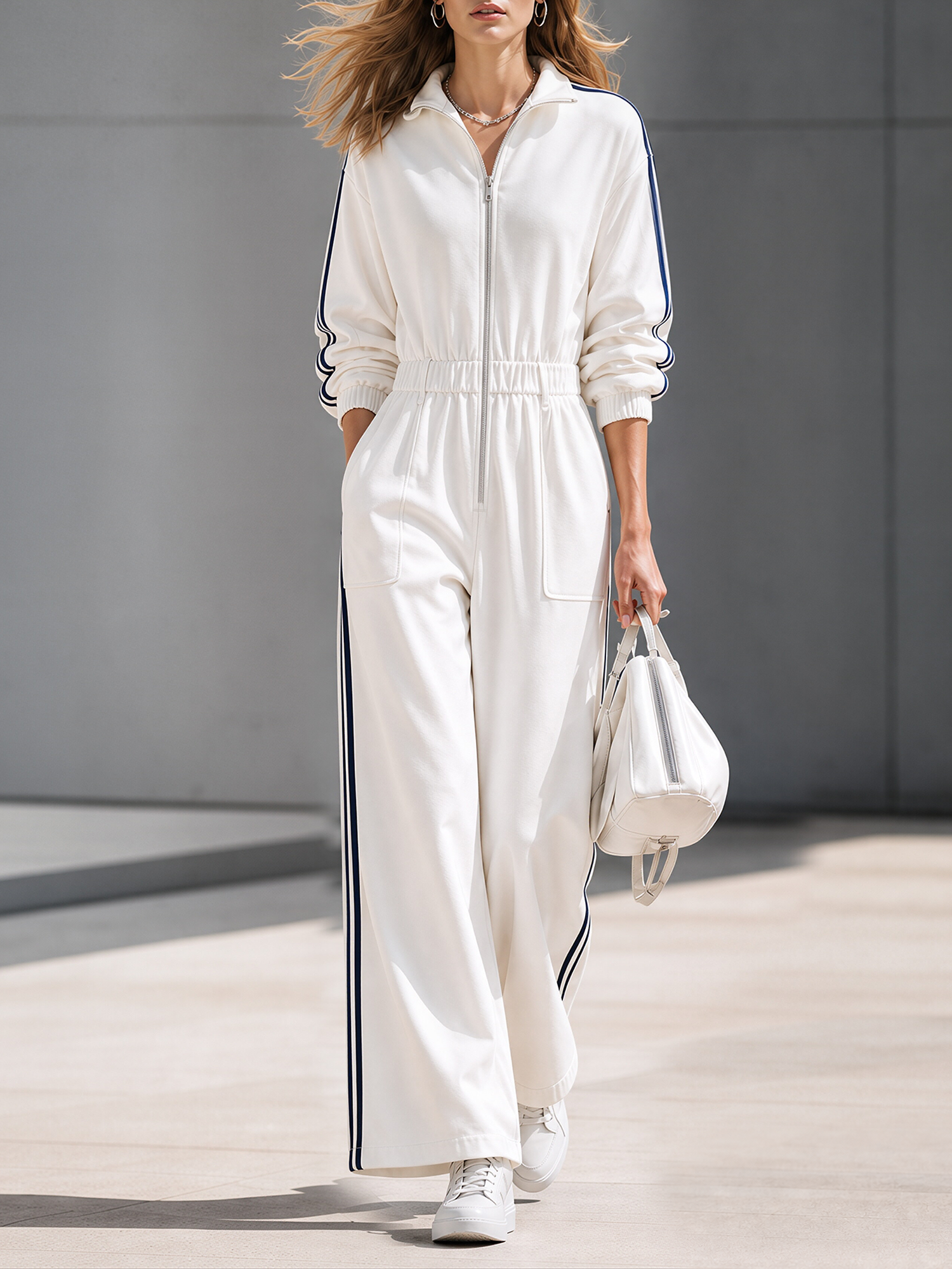 White And Navy Striped Wide-Leg Jumpsuit With Elastic Waist And Zipper