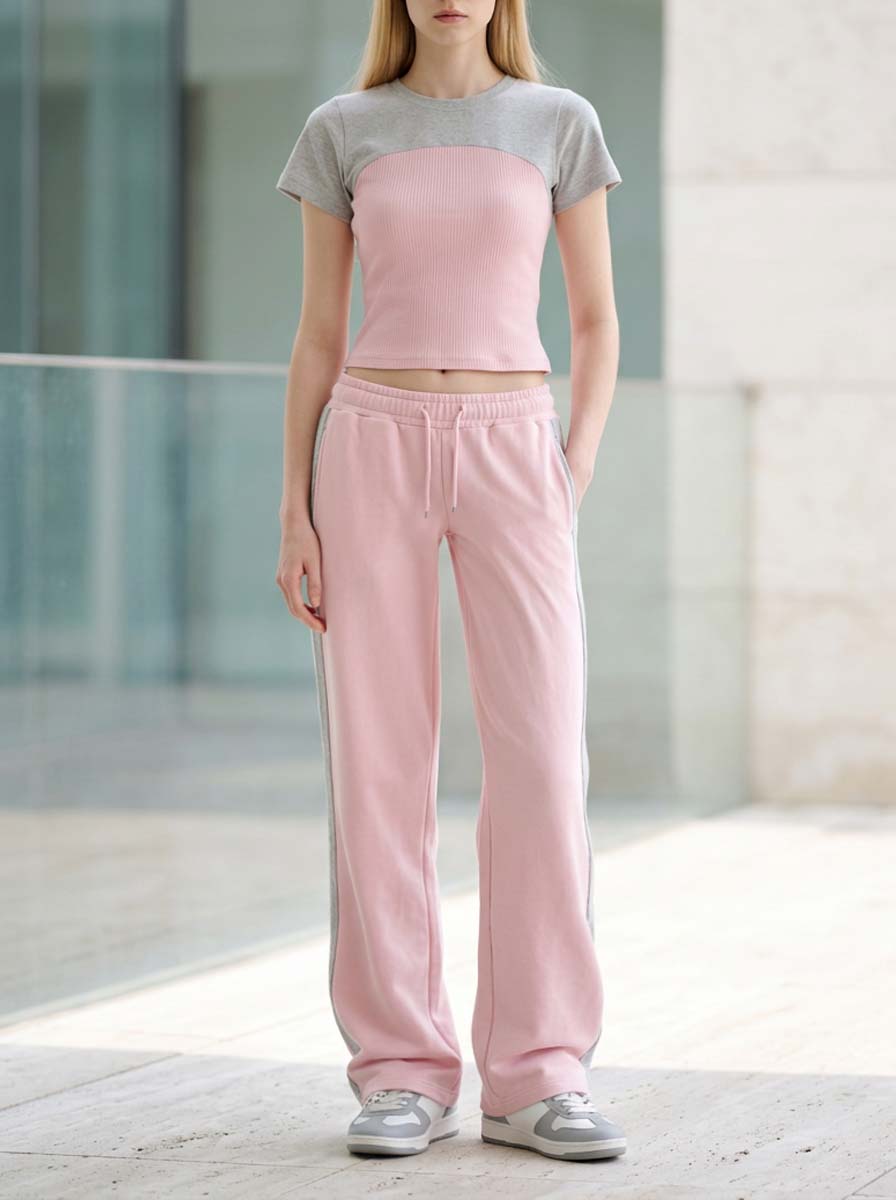 Stylish Casual Grey And Pink Color-block Short-sleeve Top And Trousers Set