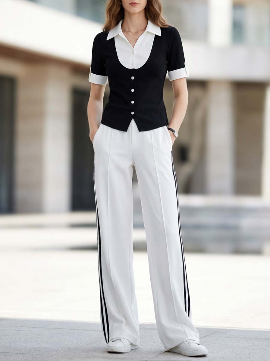 Minimalist Commuter-style Short-sleeve Top And Trousers Set Featuring A Black-and-white Color-block "faux-layered" Design