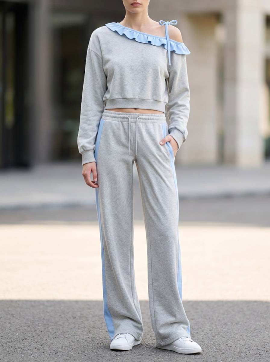 Grey Ruffled Off-Shoulder Long-Sleeve Top And Pants Set – Casual Chic Style