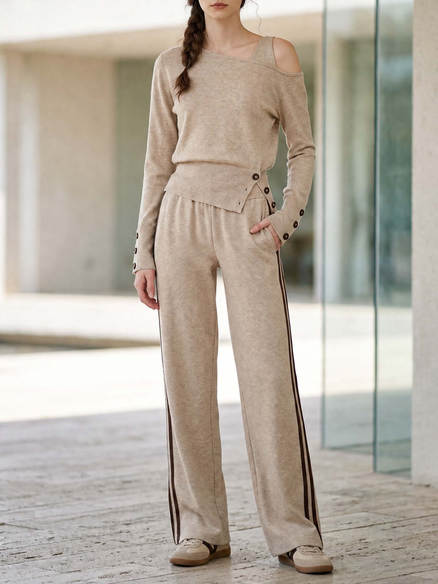 Oatmeal-colored Off-shoulder Top And Trousers Set—casual Loungewear Style