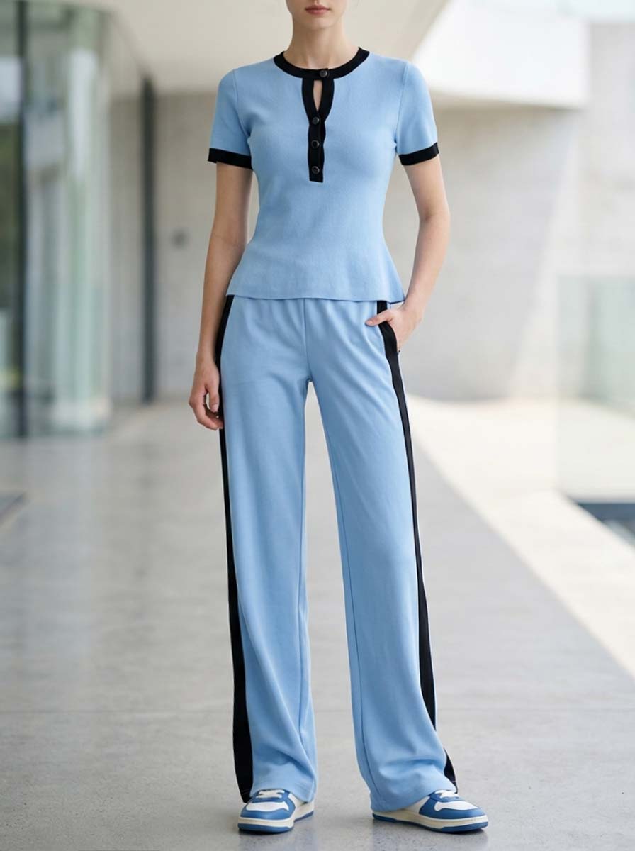 Minimalist Casual Blue And Black Color-block Short-sleeve Top And Trousers Set