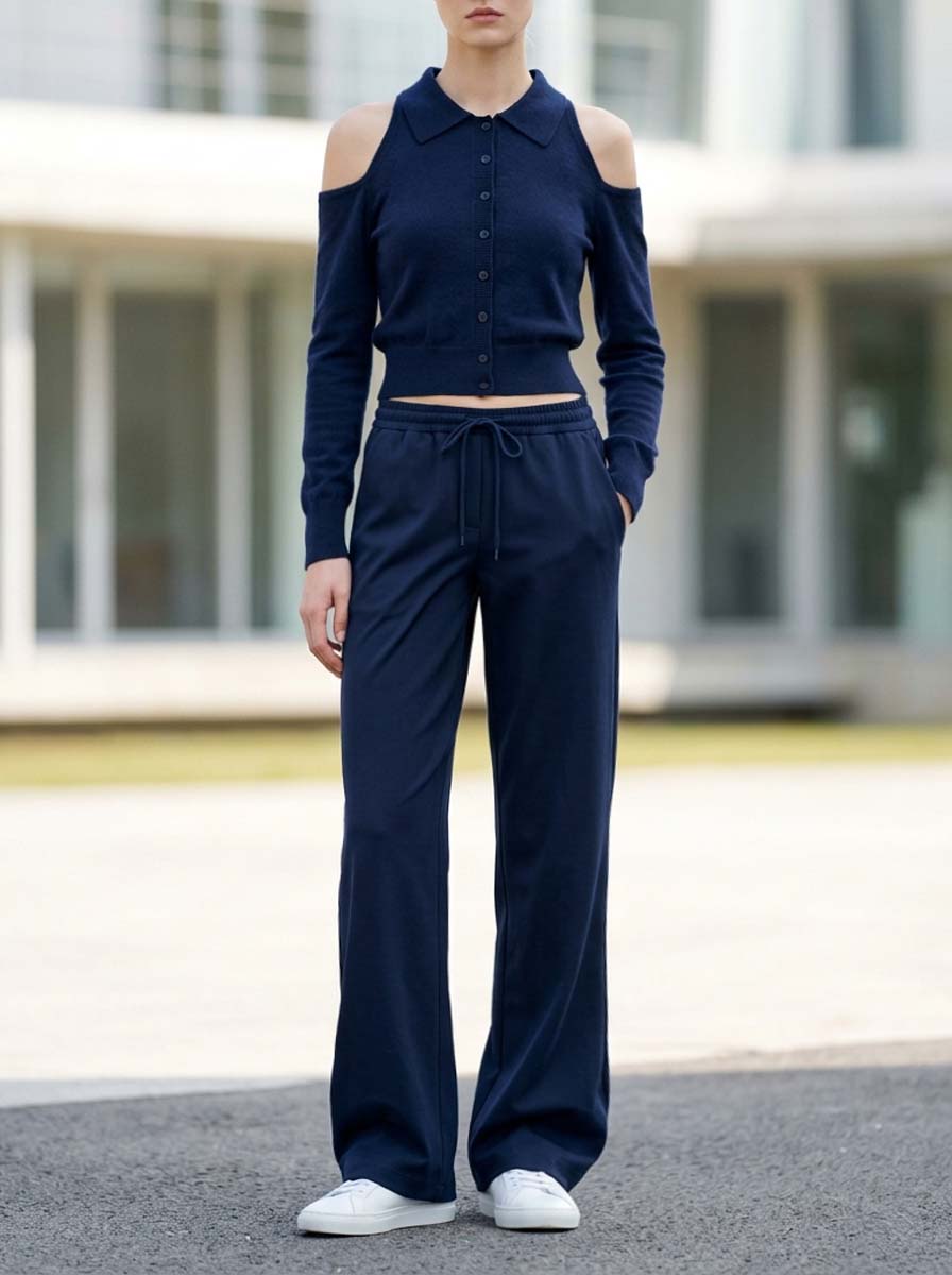 Navy Blue Casual Off-shoulder Long-sleeve Collared Top And Trousers Stylish Athleisure Set