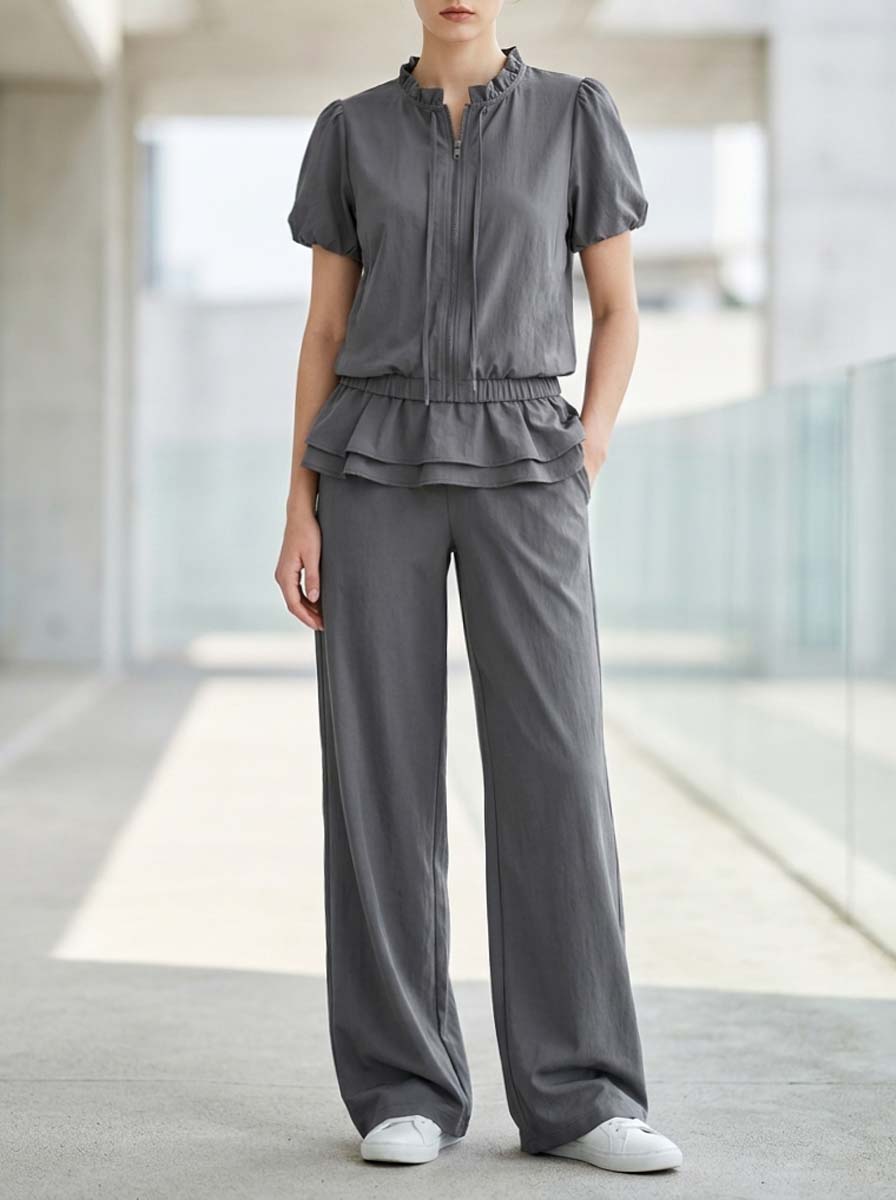 Casual Chic Solid Grey Short-sleeve Top And Ruffled Trousers Set