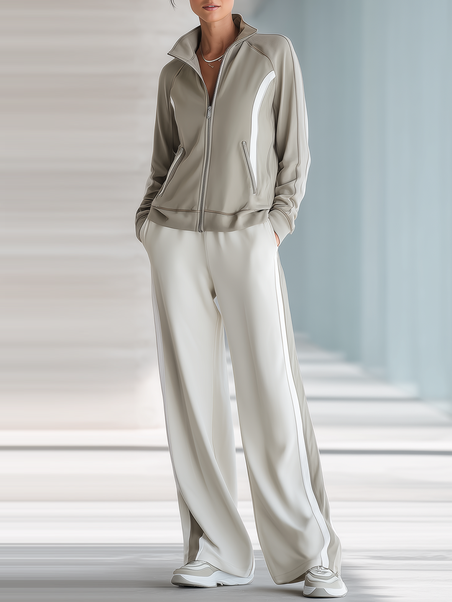 Stylish Casual Color-block Zip-up Jacket And Side-stripe Pants Tracksuit