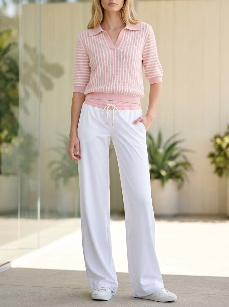 Casual Pink And White Vertical-Stripe V-Neck Mid-Sleeve Top And Pants Set