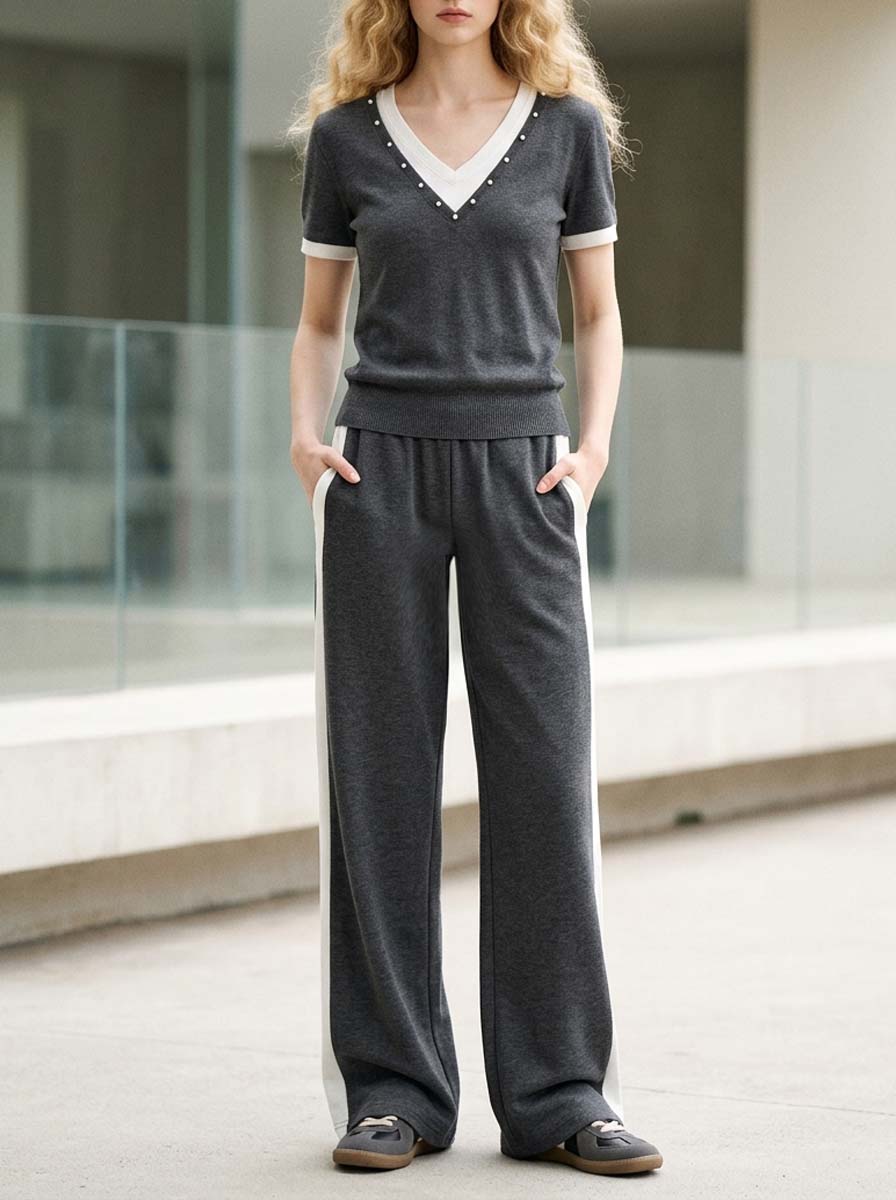 Stylish Casual V-neck Short-sleeve Top And Trousers Set Featuring A Grey And White Color-block "faux-layered" Design