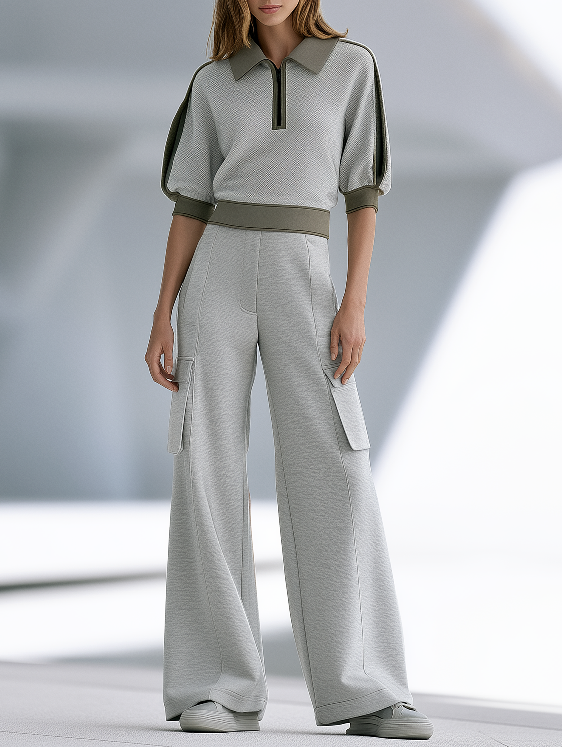 Color-block Cropped Polo Top And Utility Wide-leg Pants Set