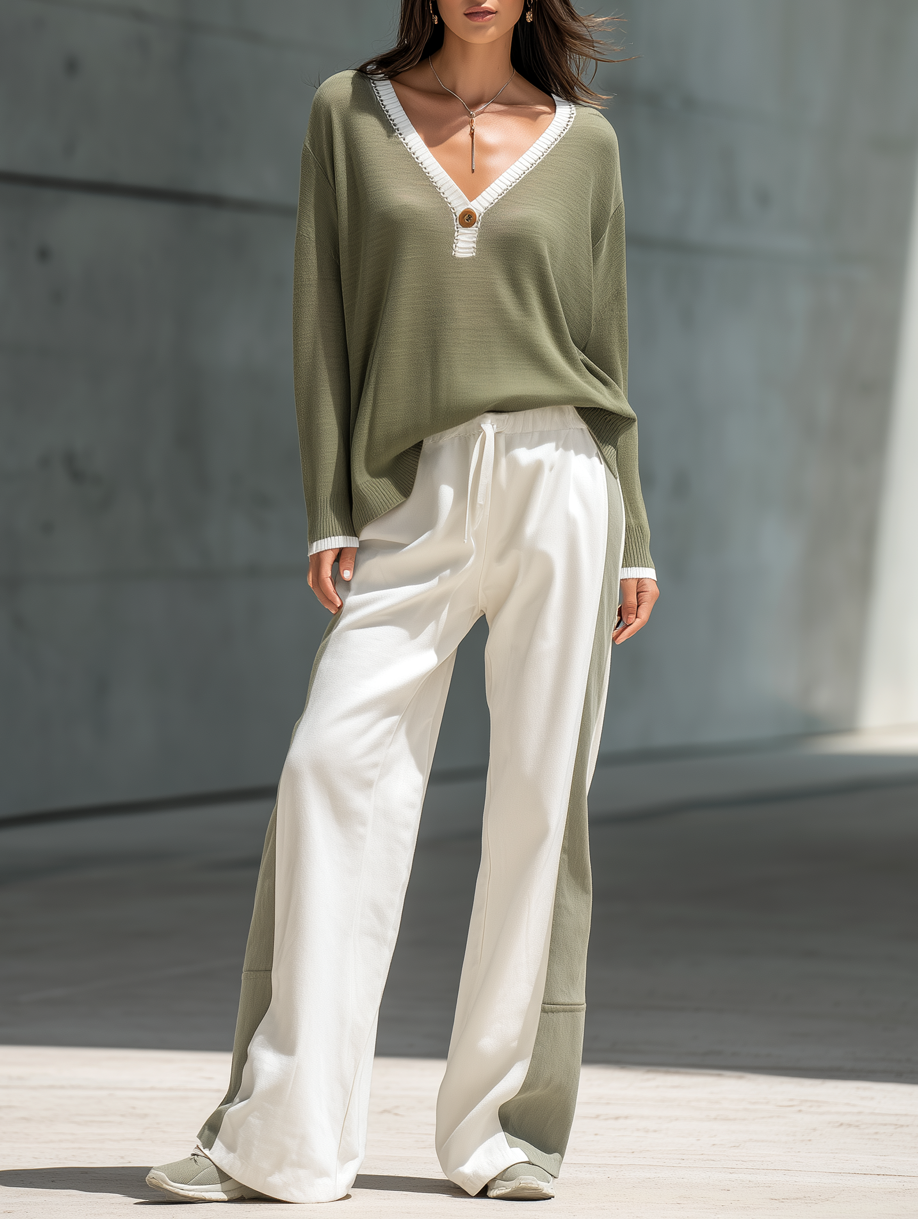 Olive Green Long-sleeved Knit Top And Color-block Trousers Set