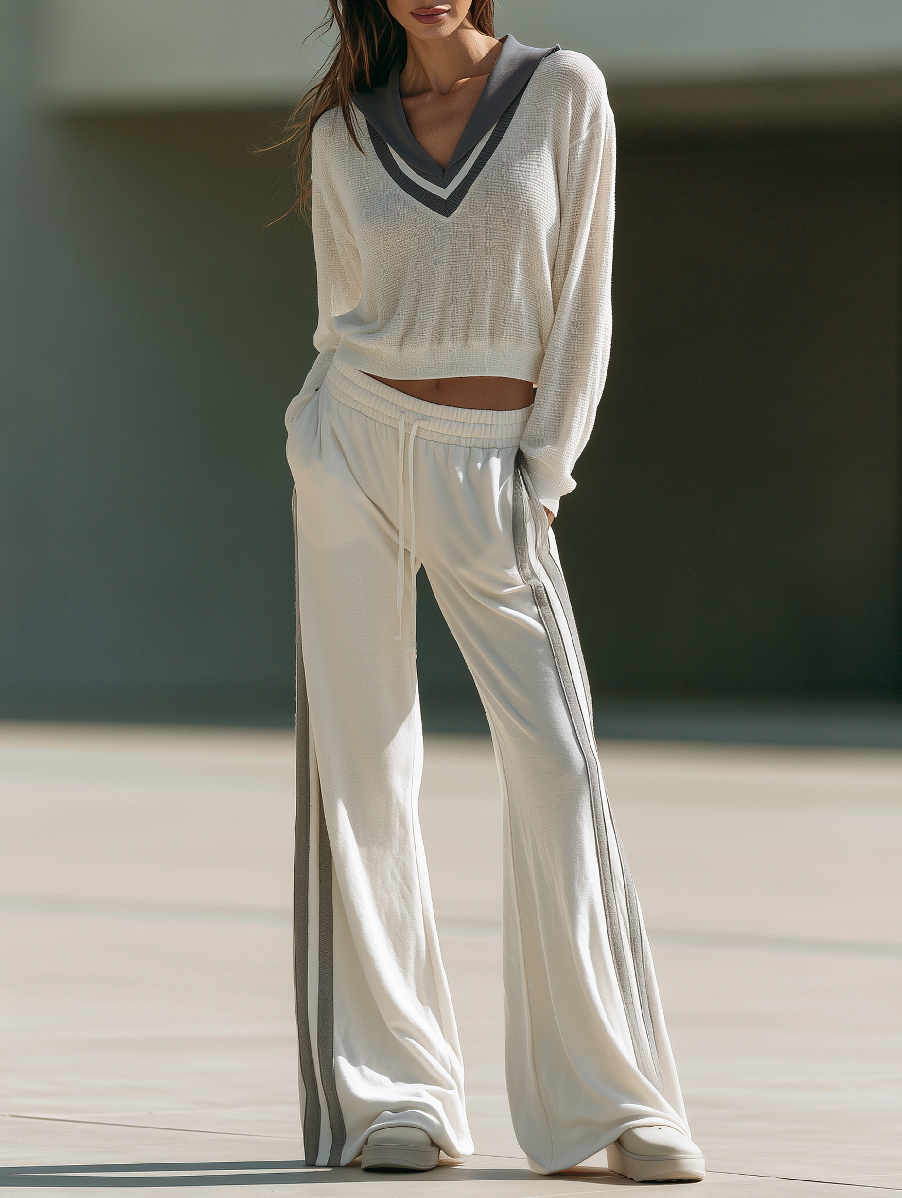Off-white Lightweight V-neck Knit Top And Flared Trousers Set