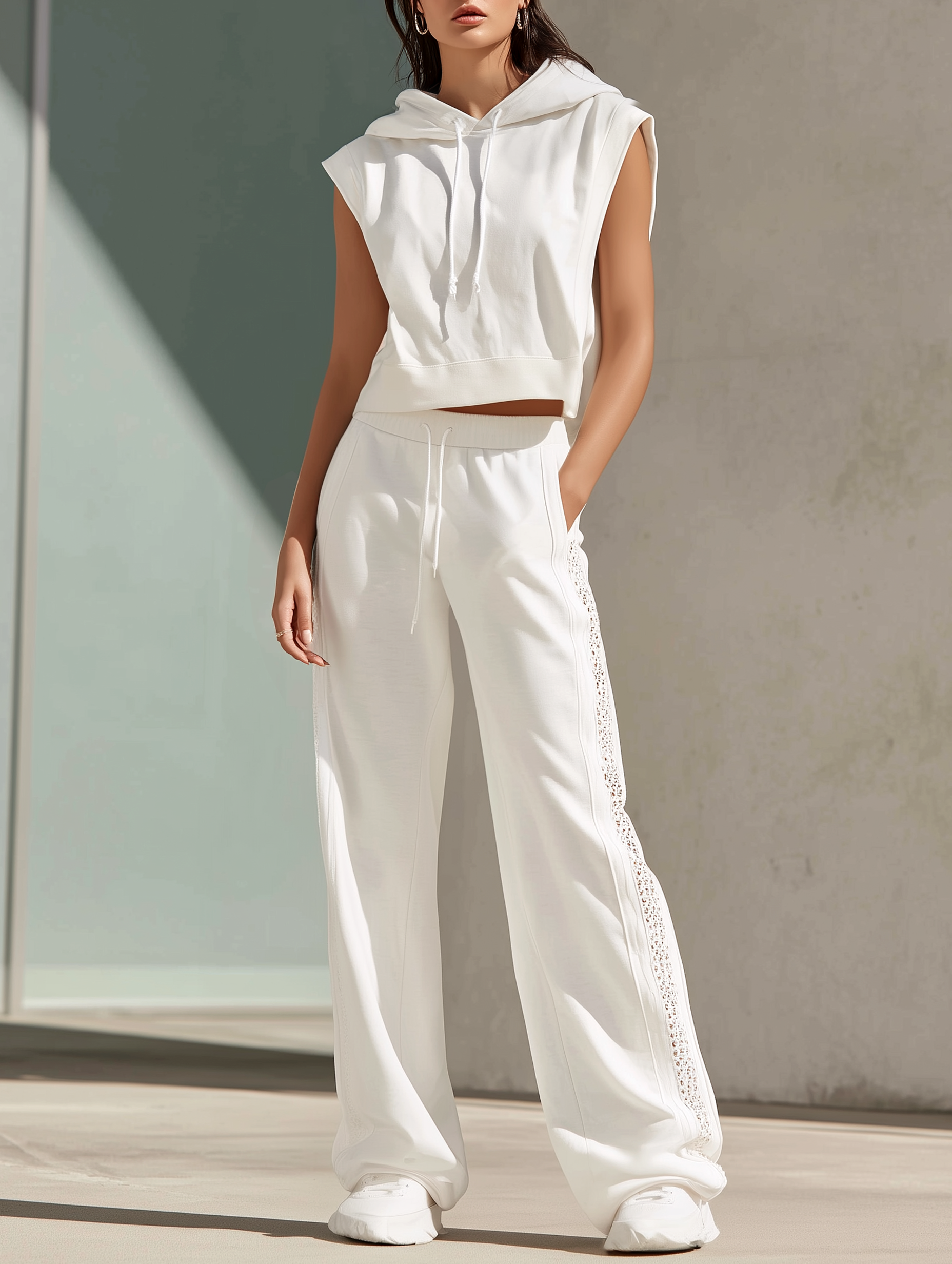 White Sleeveless Hooded Vest And Lace Casual Pants Set